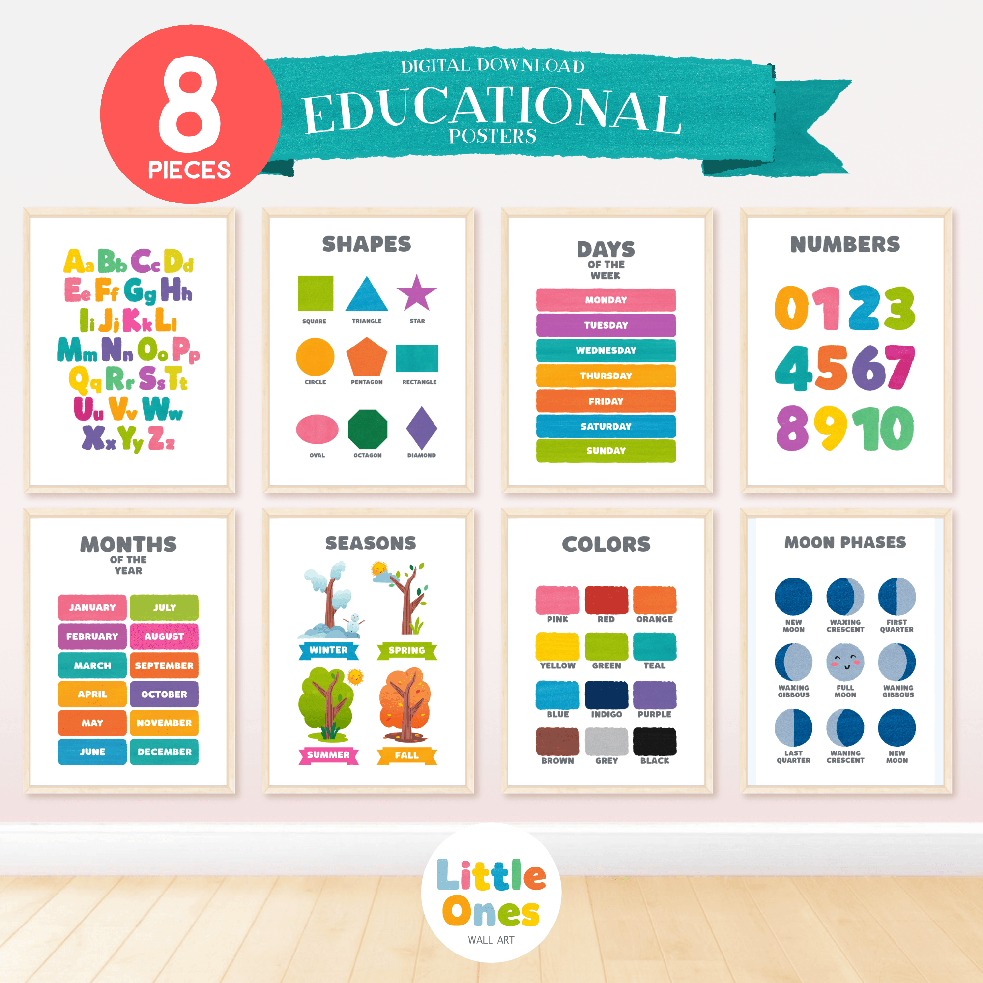 Educational Prints, Set of 8 Classroom decor, Preschool posters, Montessori Classroom Decor, Toddler Playroom Decor, Learning Bundle, png