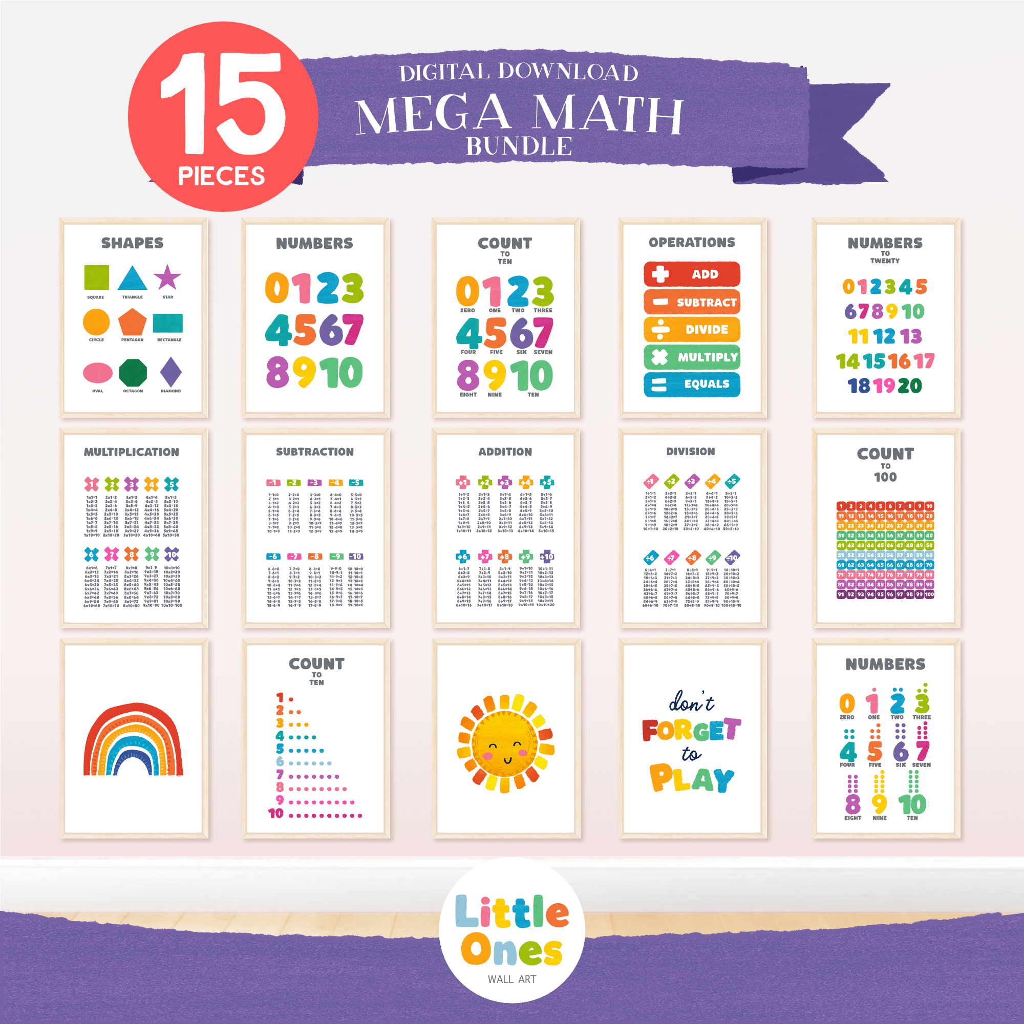 Set of 15 Math Posters, Homeschool Prints, Montessori Classroom Prints, Kids room Decor, Toddler Playroom Decor, Learning Bundle, png