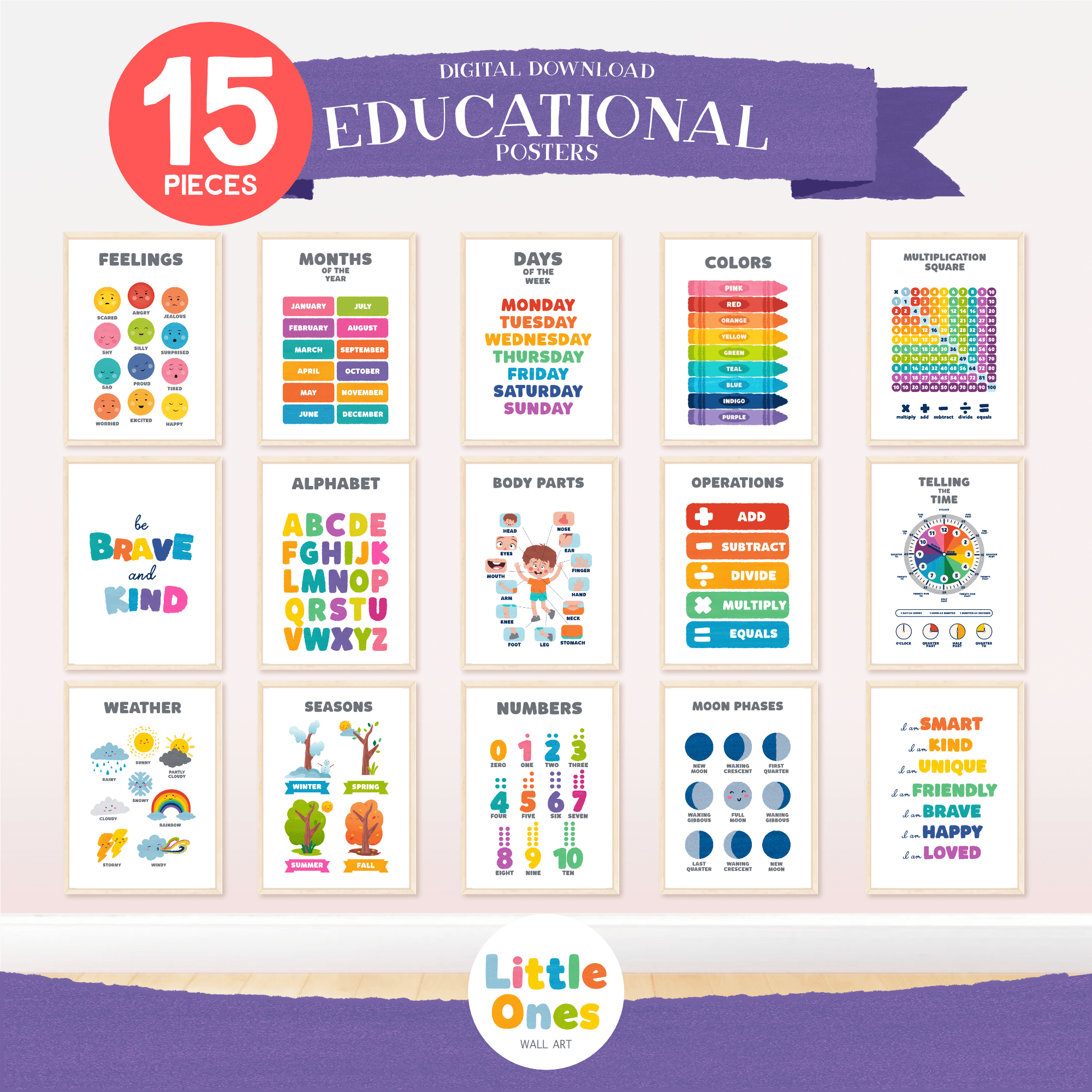 Set of 15 Educational Posters, Homeschool Prints, Montessori Classroom Decor, Kids room Decor, Toddler Playroom Decor, Learning Bundle, png