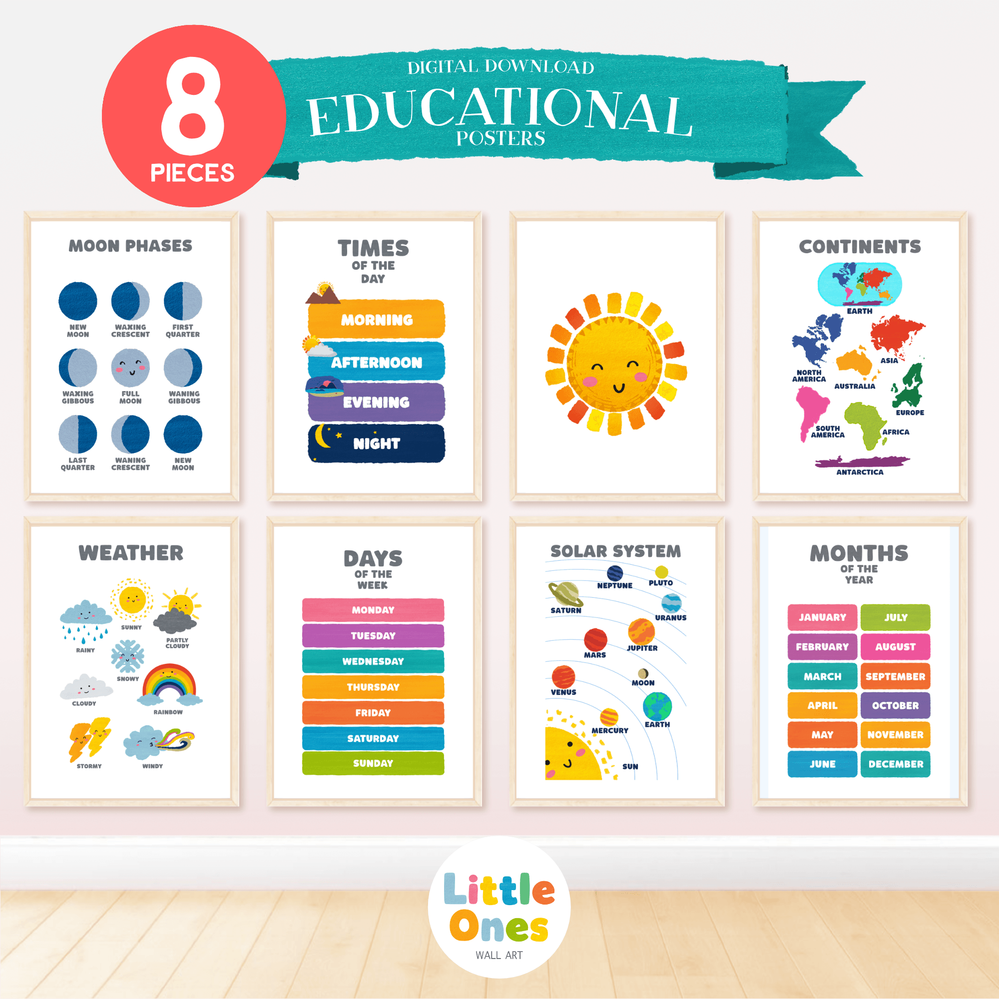 Educational Prints, Set of 8 Homeschool Prints, Montessori Classroom Poster, Nursery Prints, Toddler Playroom Decor, Learning Prints, png