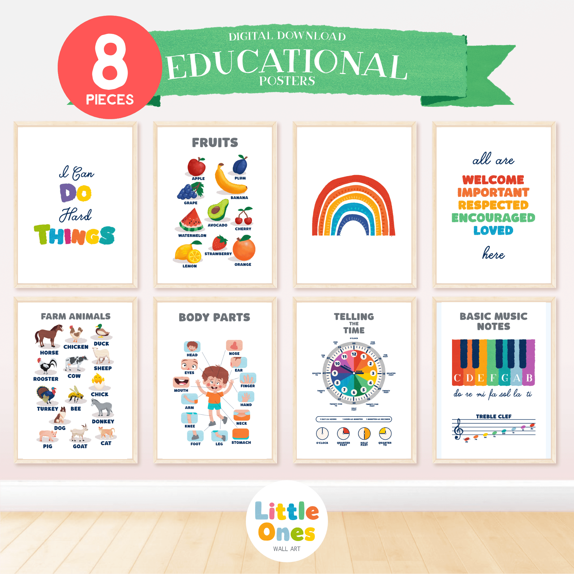 Set of 8 Educational Posters, Homeschool Prints, Montessori Classroom Decor, Kids room Decor, Toddler Playroom Decor, Learning Bundle, png