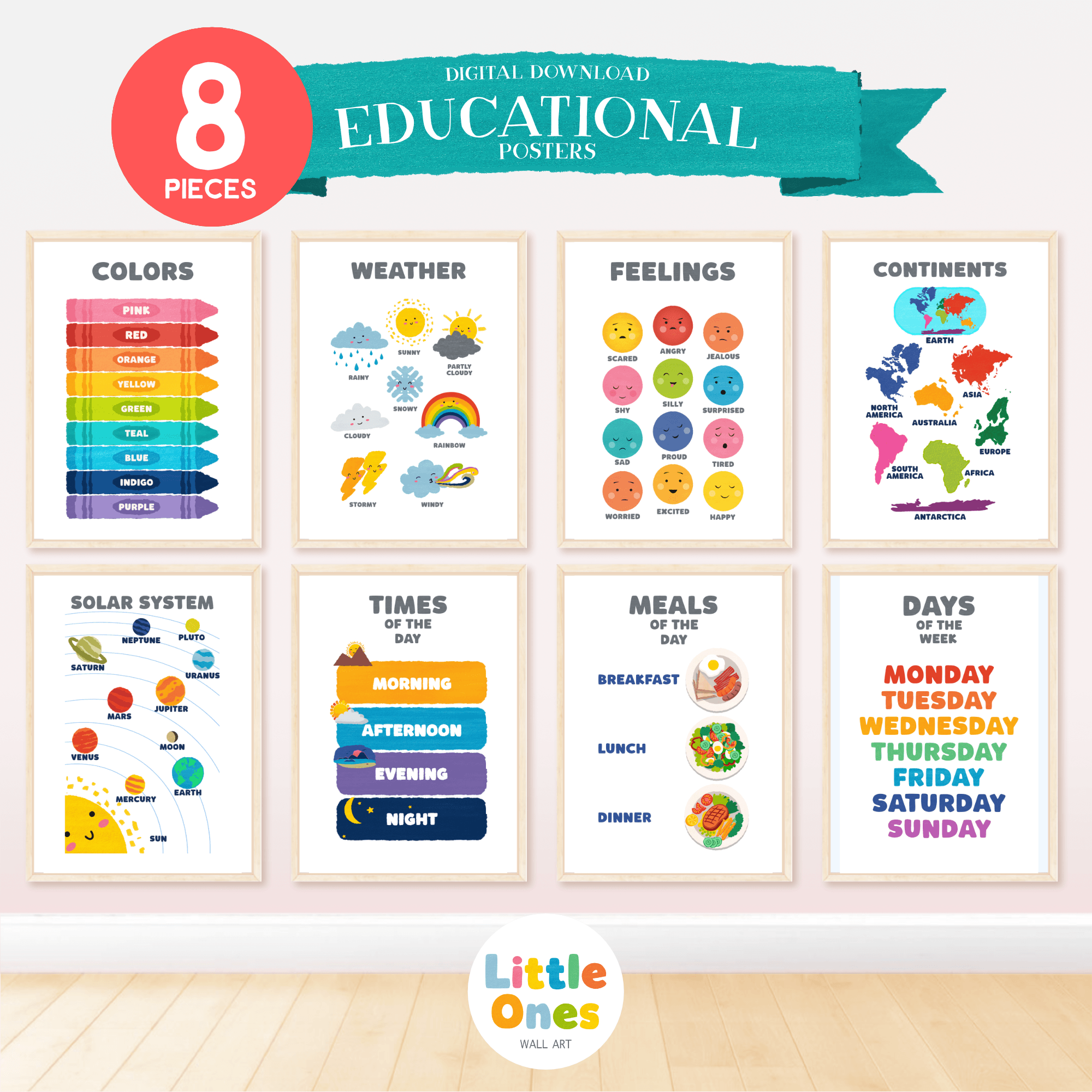 Educational Prints, Set of 8 preschool posters, Classroom Decor, Montessori Classroom Decor, Toddler Playroom Decor, Learning Bundle, png