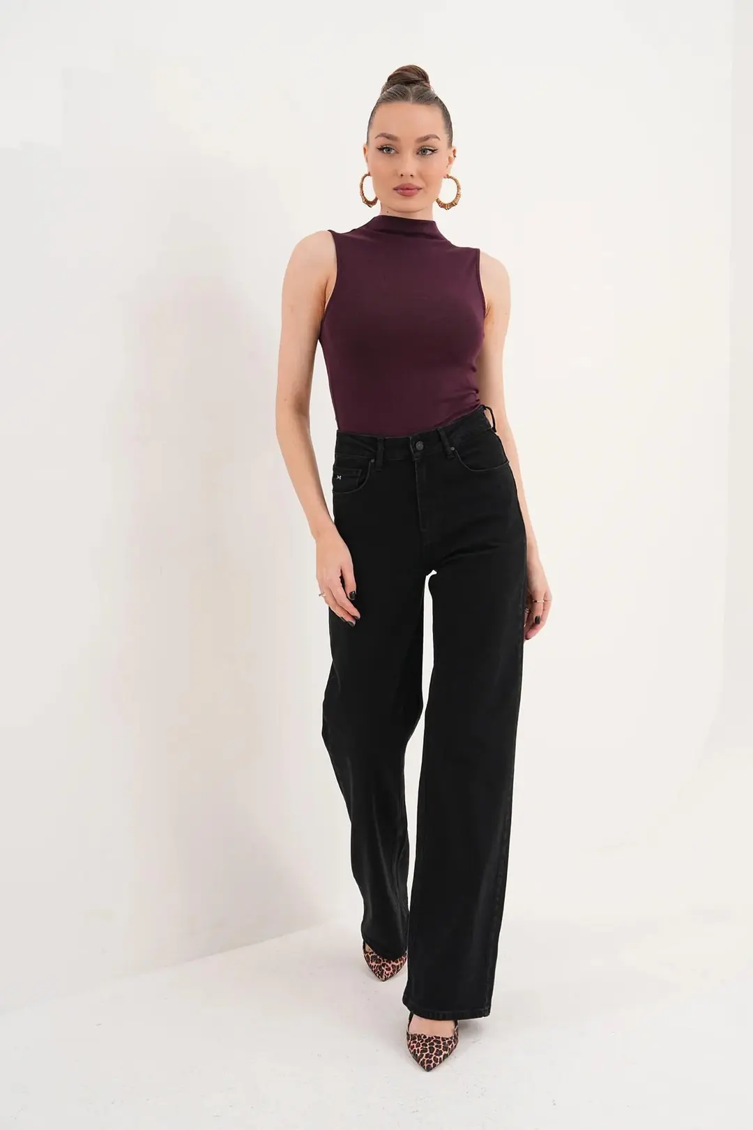 Kadın Siyah Yüksek Bel Wide Leg Geniş Paça Jean