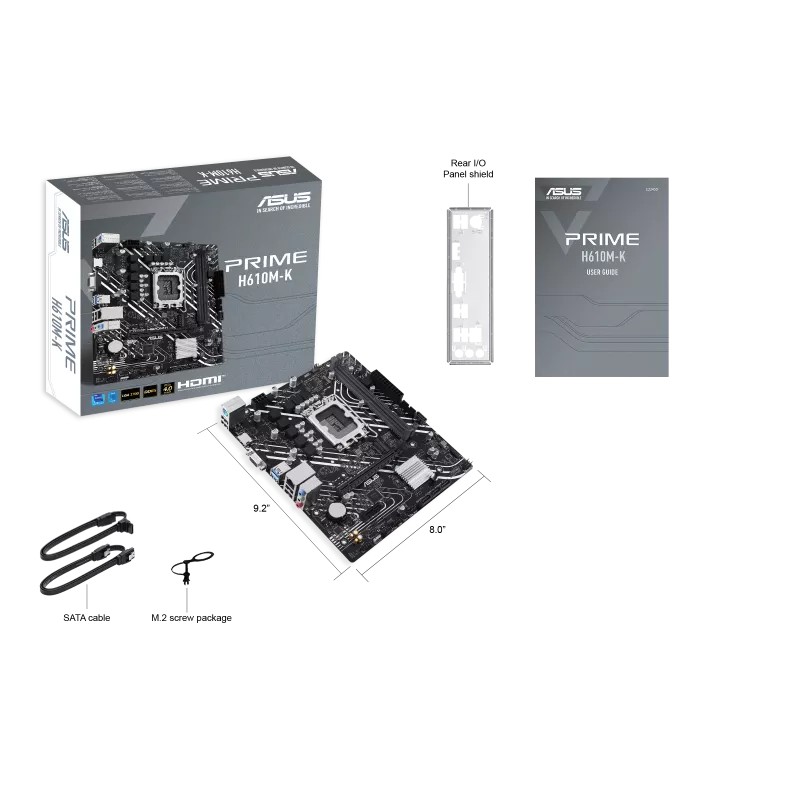 ASUS PRIME H610M-K  Intel® H610 (LGA 1700) micro-ATX anakart, DDR5, PCIe 4.0, M.2 yuvası, Realtek 1 Gb Ethernet, HDMI™, VGA, USB 3.2 Gen 1, SATA 6 Gbps, COM başlığı, RGB başlığı
