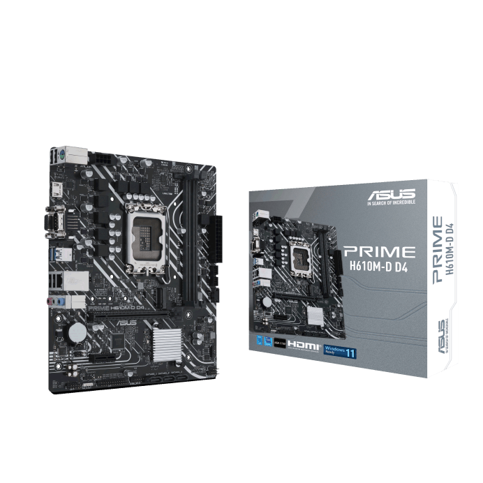 ASUS PRIME H610M-D D4 (Intel® H610 (LGA 1700)) mic-ATX anakart. DDR4, PCIe 4.0, M.2 yuvası, Realtek 1 Gb Ethernet, HDMI®, D-Sub, USB 3.2 Gen 1 bağlantı noktaları, SATA 6 Gbps, COM başlığı, LPT başlığı, RGB başlığı