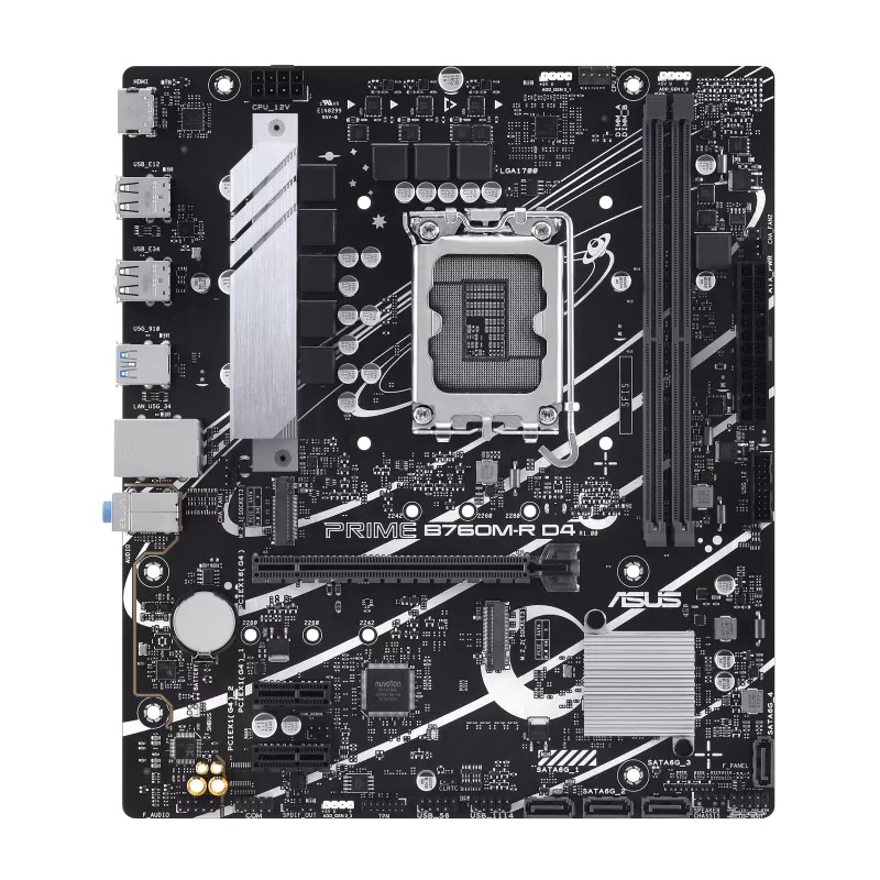 ASUS PRIME B760M-R D4 Intel® B760 LGA 1700 micro-ATX anakart, PCIe 4.0, iki adet PCIe 4.0 M.2 yuvası, DDR4, Realtek 2.5Gb Ethernet, HDMI™, SATA 6 Gbps, ön panel USB 5Gbps bağlantı noktası ve Aura Sync