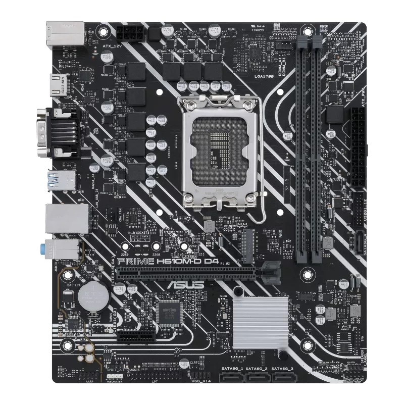 ASUS PRIME H610M-D D4 (Intel® H610 (LGA 1700)) mic-ATX anakart. DDR4, PCIe 4.0, M.2 yuvası, Realtek 1 Gb Ethernet, HDMI®, D-Sub, USB 3.2 Gen 1 bağlantı noktaları, SATA 6 Gbps, COM başlığı, LPT başlığı, RGB başlığı
