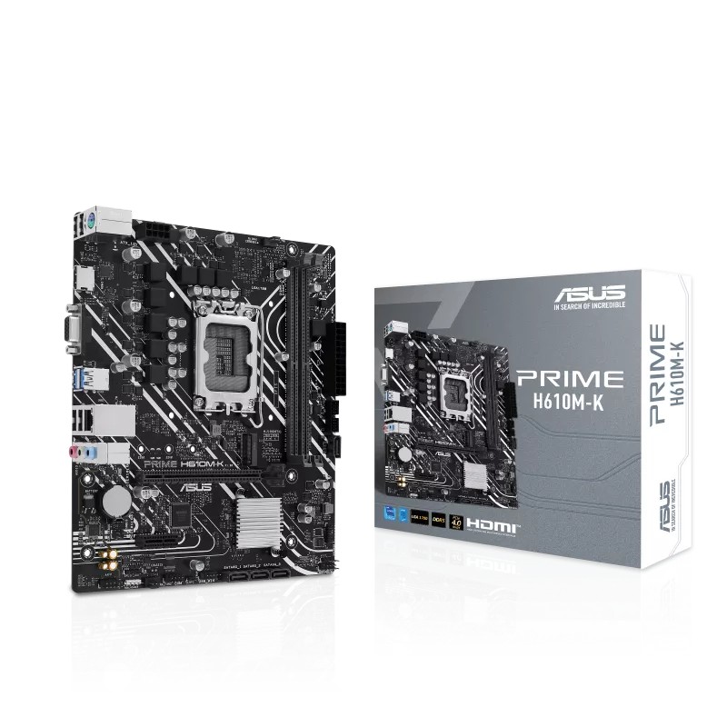 ASUS PRIME H610M-K  Intel® H610 (LGA 1700) micro-ATX anakart, DDR5, PCIe 4.0, M.2 yuvası, Realtek 1 Gb Ethernet, HDMI™, VGA, USB 3.2 Gen 1, SATA 6 Gbps, COM başlığı, RGB başlığı