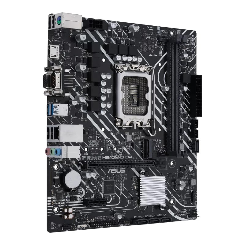 ASUS PRIME H610M-D D4 (Intel® H610 (LGA 1700)) mic-ATX anakart. DDR4, PCIe 4.0, M.2 yuvası, Realtek 1 Gb Ethernet, HDMI®, D-Sub, USB 3.2 Gen 1 bağlantı noktaları, SATA 6 Gbps, COM başlığı, LPT başlığı, RGB başlığı