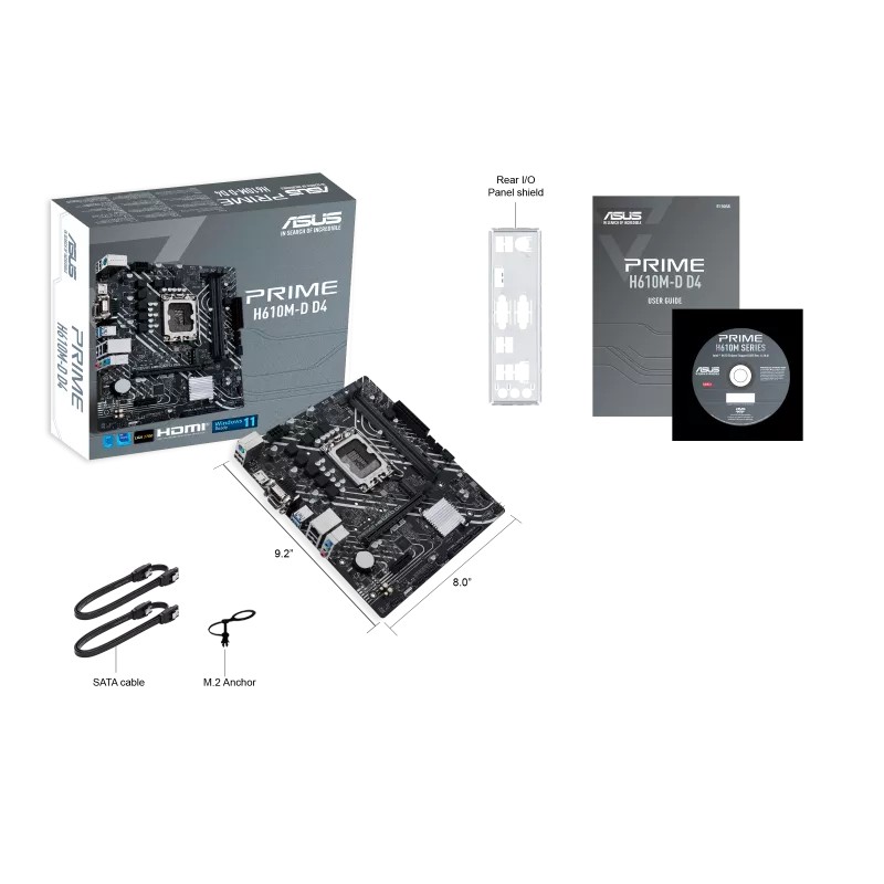 ASUS PRIME H610M-D D4 (Intel® H610 (LGA 1700)) mic-ATX anakart. DDR4, PCIe 4.0, M.2 yuvası, Realtek 1 Gb Ethernet, HDMI®, D-Sub, USB 3.2 Gen 1 bağlantı noktaları, SATA 6 Gbps, COM başlığı, LPT başlığı, RGB başlığı