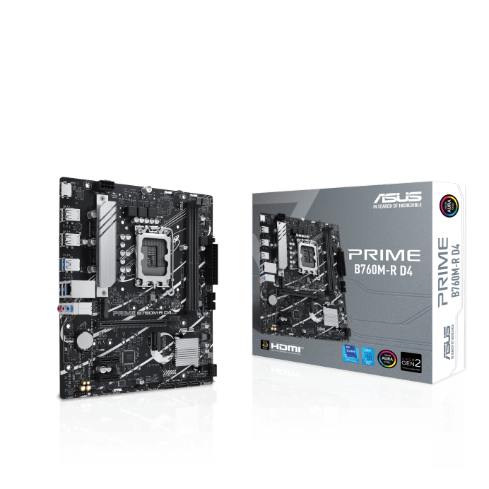 ASUS PRIME B760M-R D4 Intel® B760 LGA 1700 micro-ATX anakart, PCIe 4.0, iki adet PCIe 4.0 M.2 yuvası, DDR4, Realtek 2.5Gb Ethernet, HDMI™, SATA 6 Gbps, ön panel USB 5Gbps bağlantı noktası ve Aura Sync
