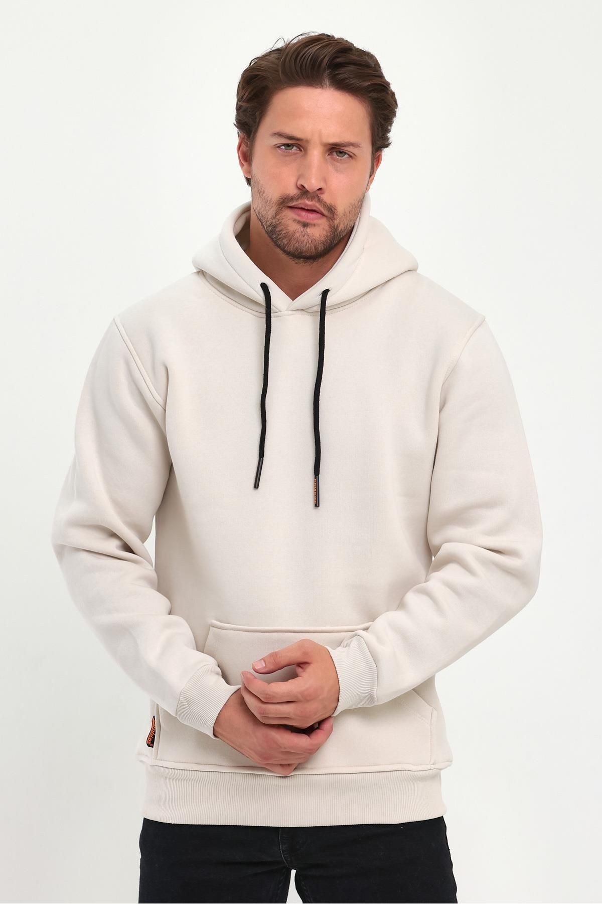 Erkek Bej Kapşonlu Kanguru Cep Hoodie Sweatshirt image