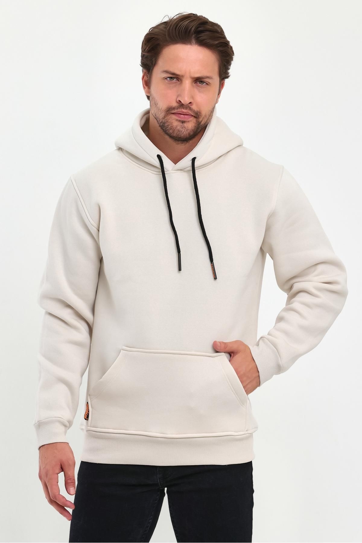 Erkek Bej Kapşonlu Kanguru Cep Hoodie Sweatshirt