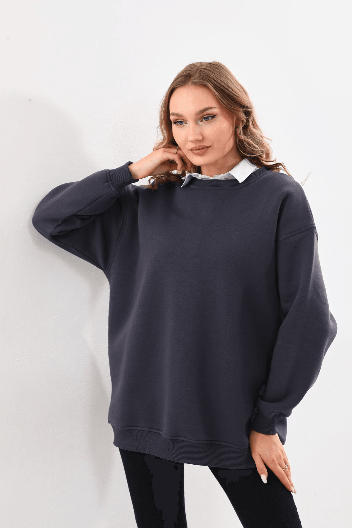 Kadın Füme Bisiklet Yaka Oversize Sweatshirt