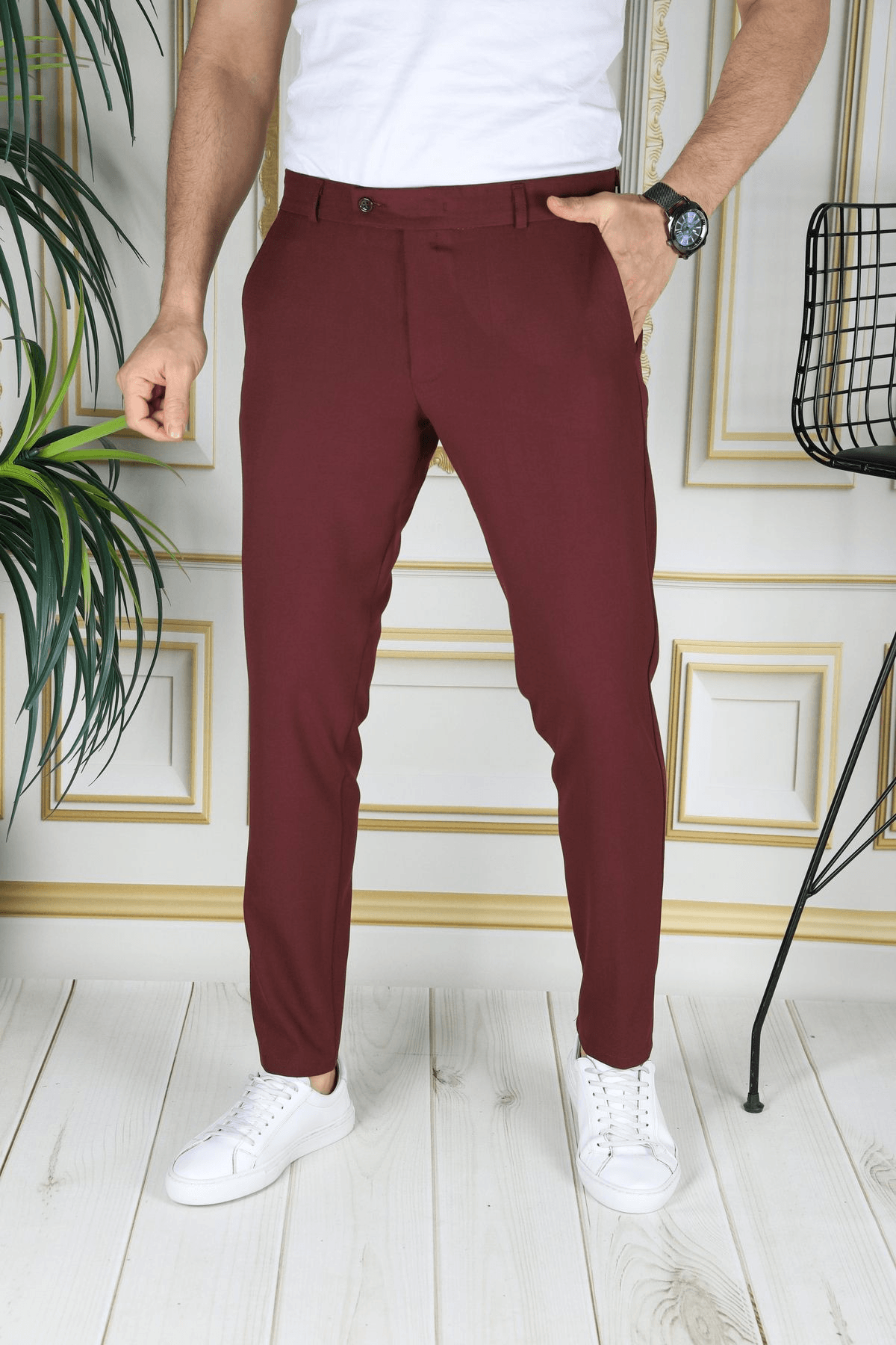 Slim-fit Riklalı dar kesim pantolon Kiremit image