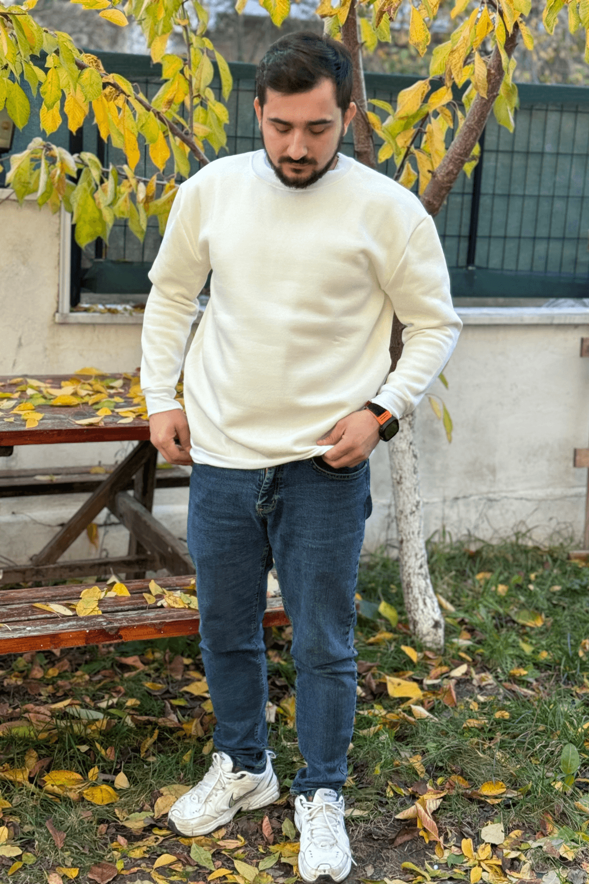 Erkek Bej 3 İplik Oversize Bisiklet Yaka Sweatshirt