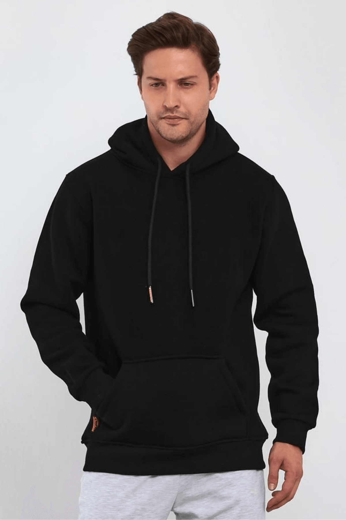 Erkek Siyah Kapşonlu Kanguru Cep Hoodie Sweatshirt image