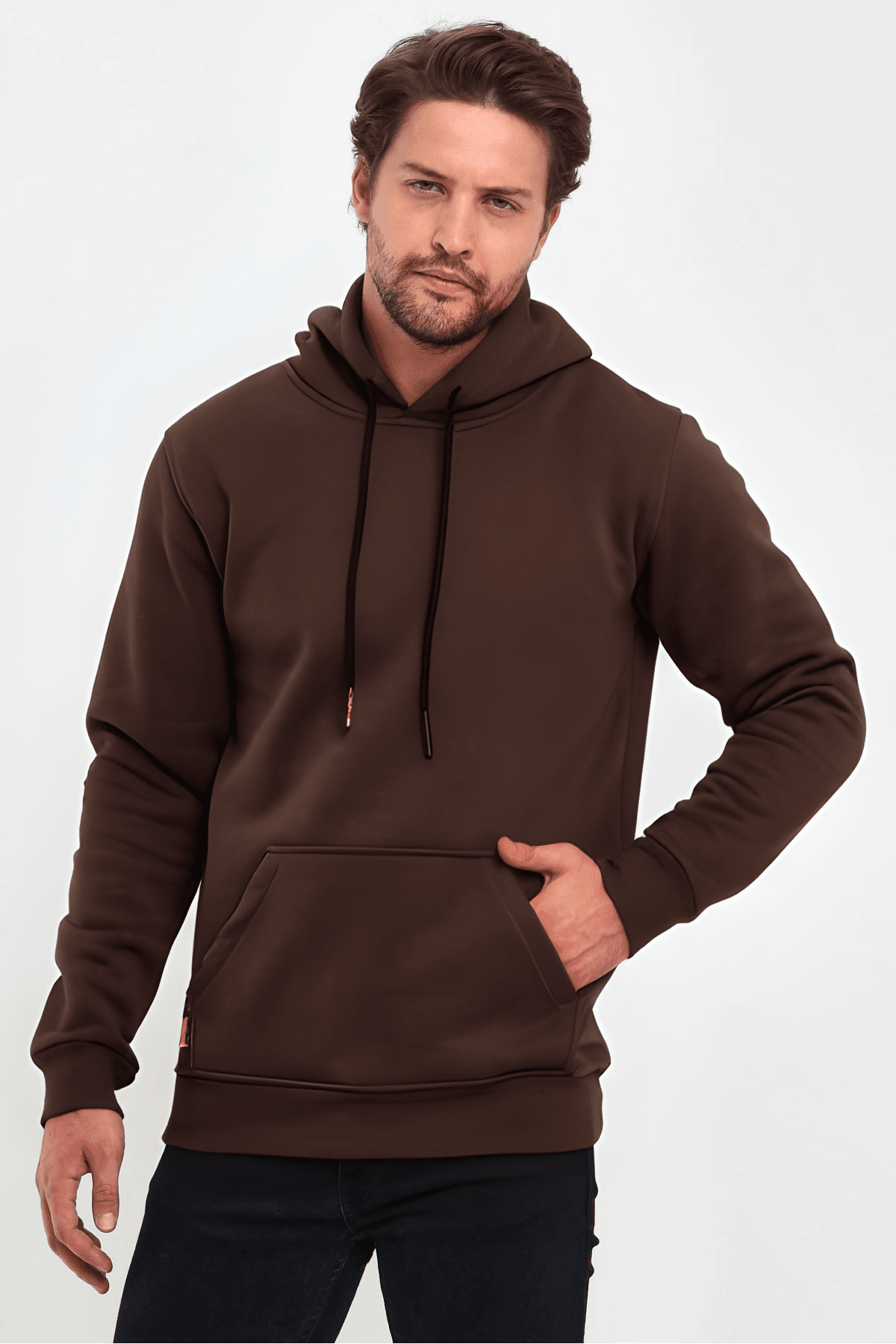 Erkek Kahve Kapşonlu Kanguru Cep Hoodie Sweatshirt image