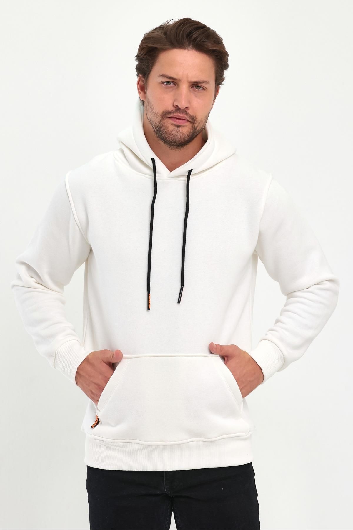 Erkek Beyaz Kapşonlu Kanguru Cep Hoodie Sweatshirt