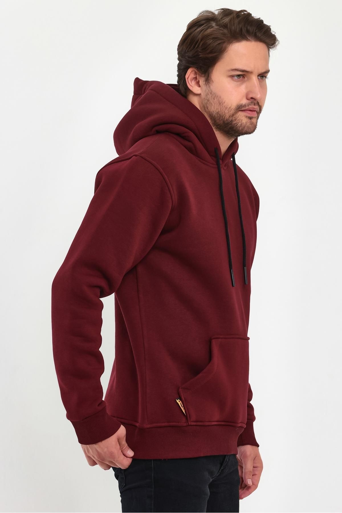 Erkek Bordo Kapşonlu Kanguru Cep Hoodie Sweatshirt