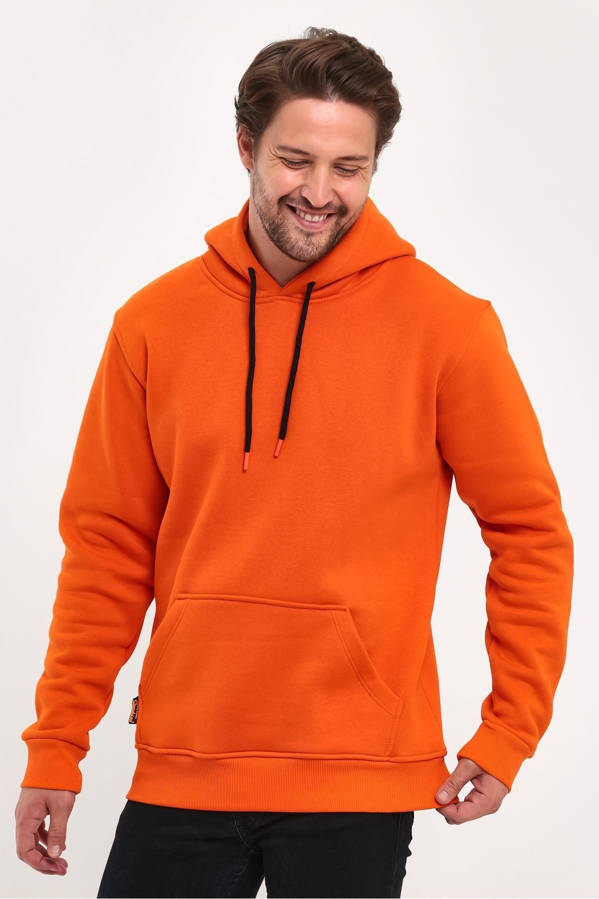 Erkek Turuncu Kapşonlu Kanguru Cep Hoodie Sweatshirt