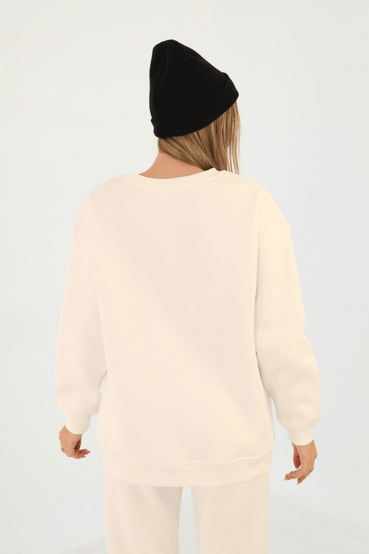 Kadın Bej Bisiklet Yaka Oversize Sweatshirt