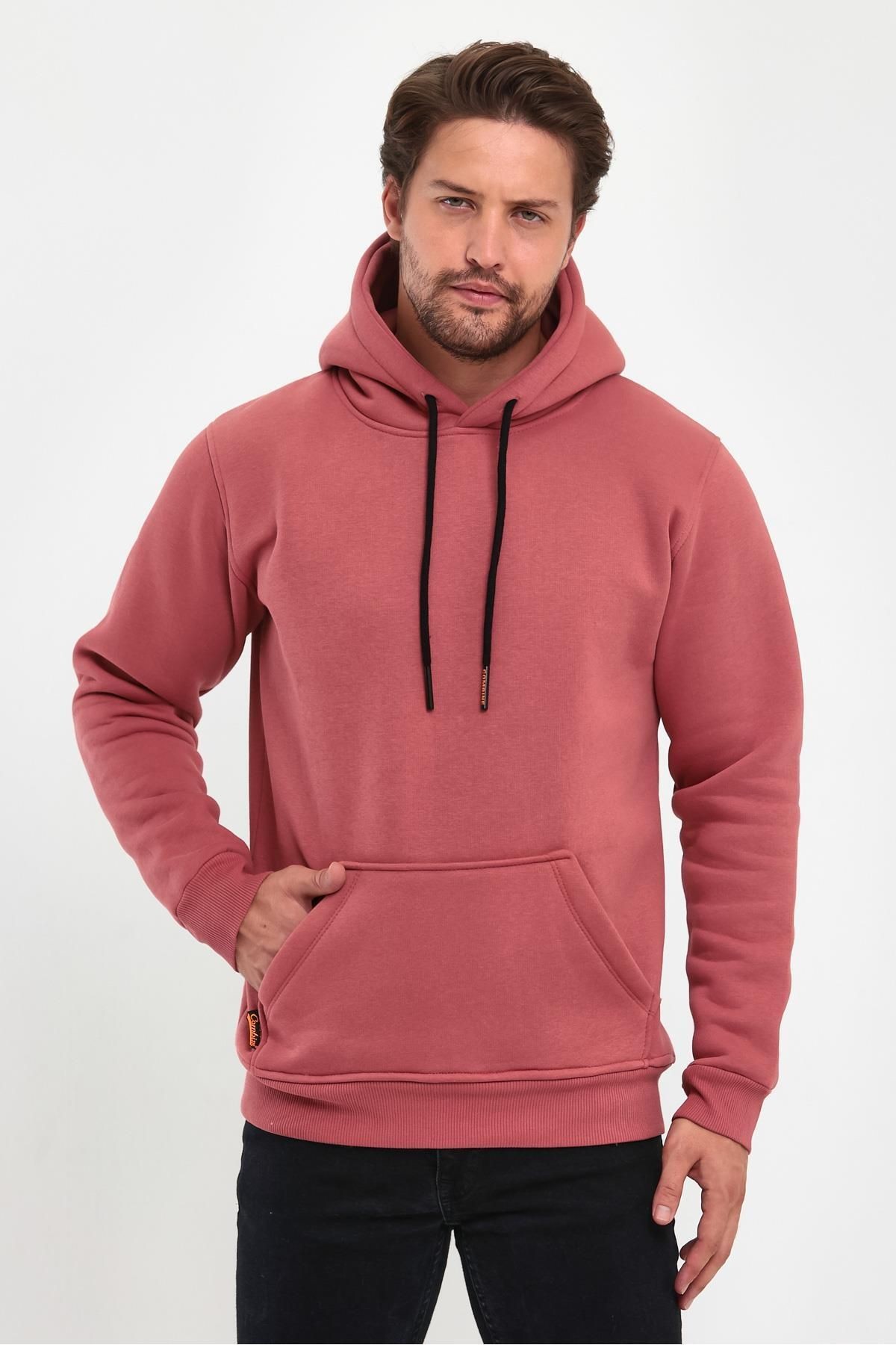 Erkek Mürdüm Kapşonlu Kanguru Cep Hoodie Sweatshirt