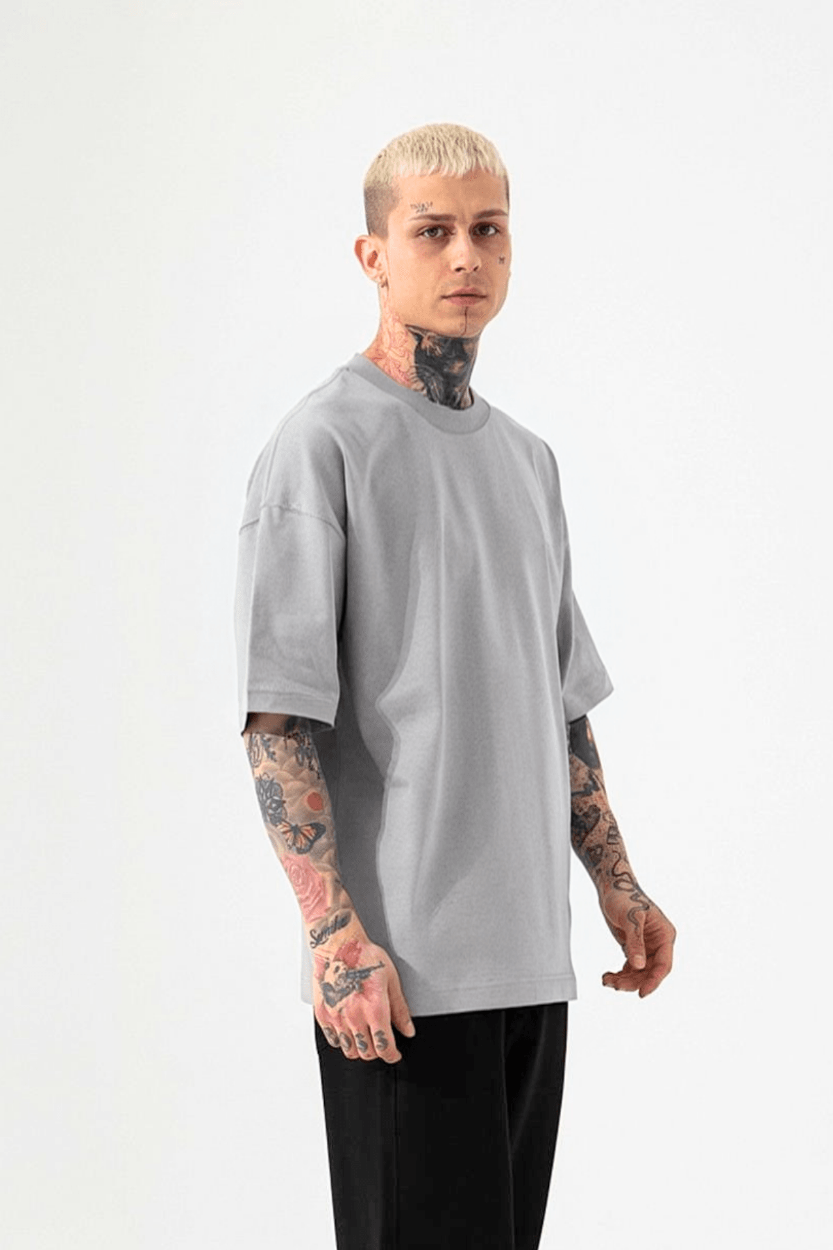 Erkek Gri Oversize Fit Rahat T-Shirt