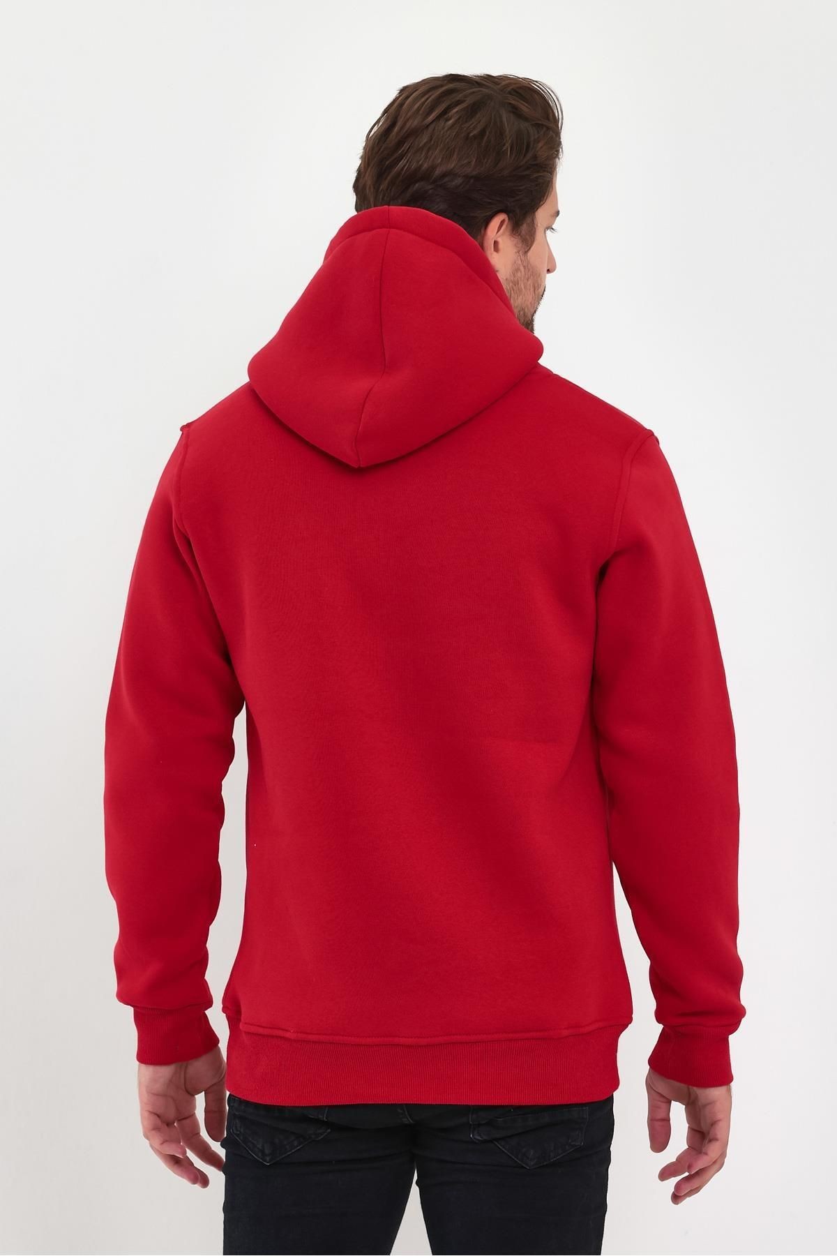 Erkek Kırmızı Kapşonlu Kanguru Cep Hoodie Sweatshirt