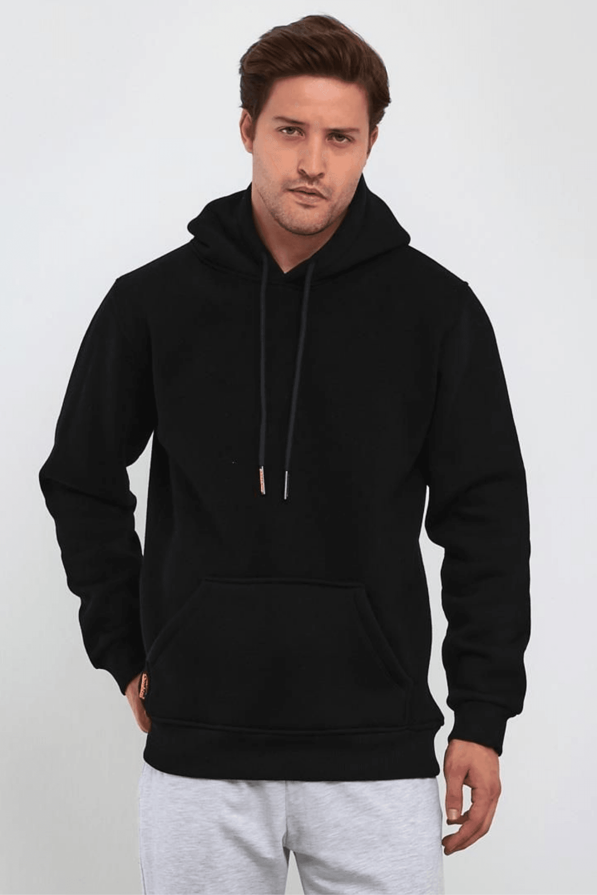 Erkek Siyah Kapşonlu Kanguru Cep Hoodie Sweatshirt