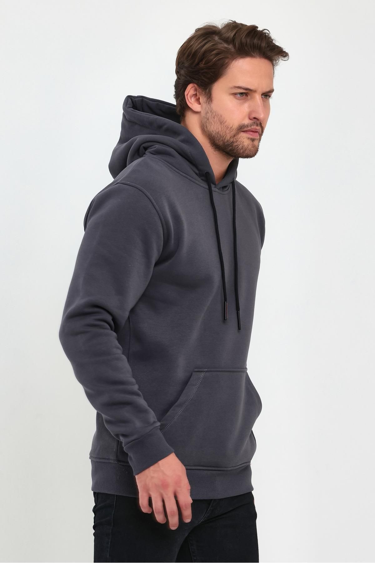 Erkek Füme Kapşonlu Kanguru Cep Hoodie Sweatshirt