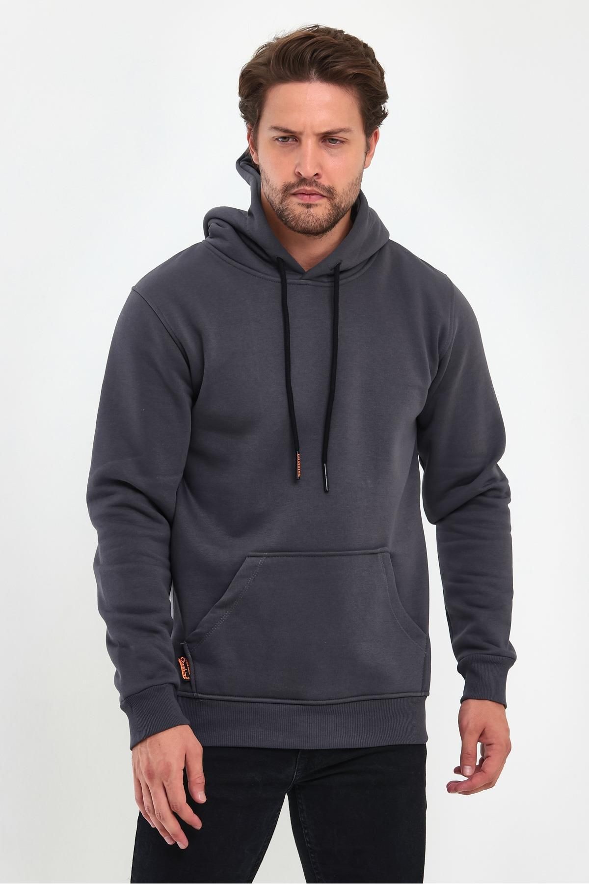 Erkek Füme Kapşonlu Kanguru Cep Hoodie Sweatshirt