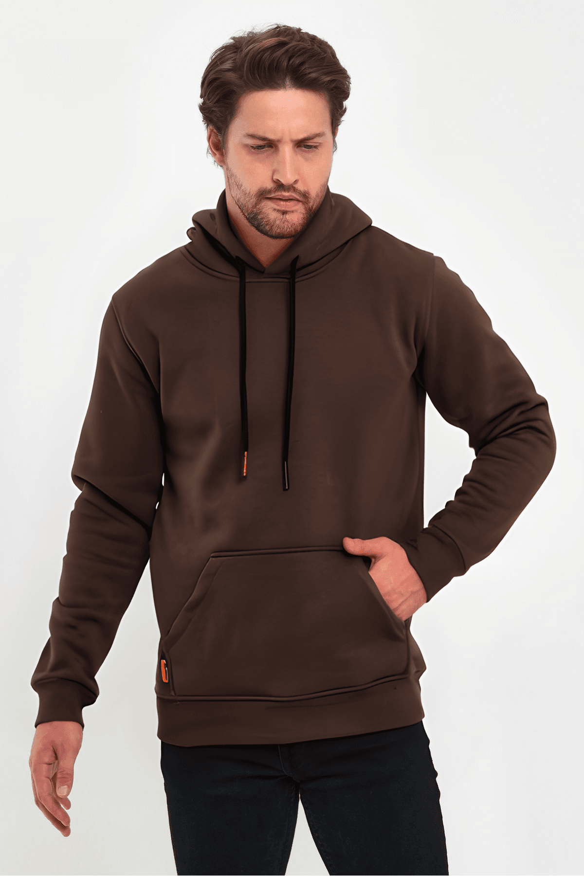 Erkek Kahve Kapşonlu Kanguru Cep Hoodie Sweatshirt