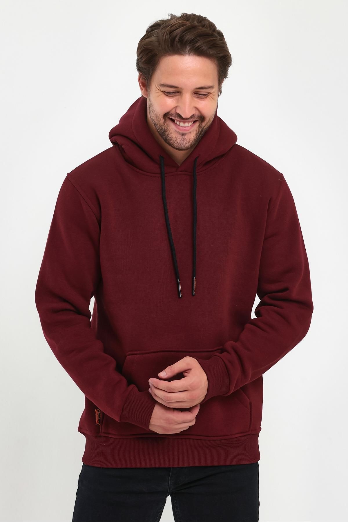 Erkek Bordo Kapşonlu Kanguru Cep Hoodie Sweatshirt