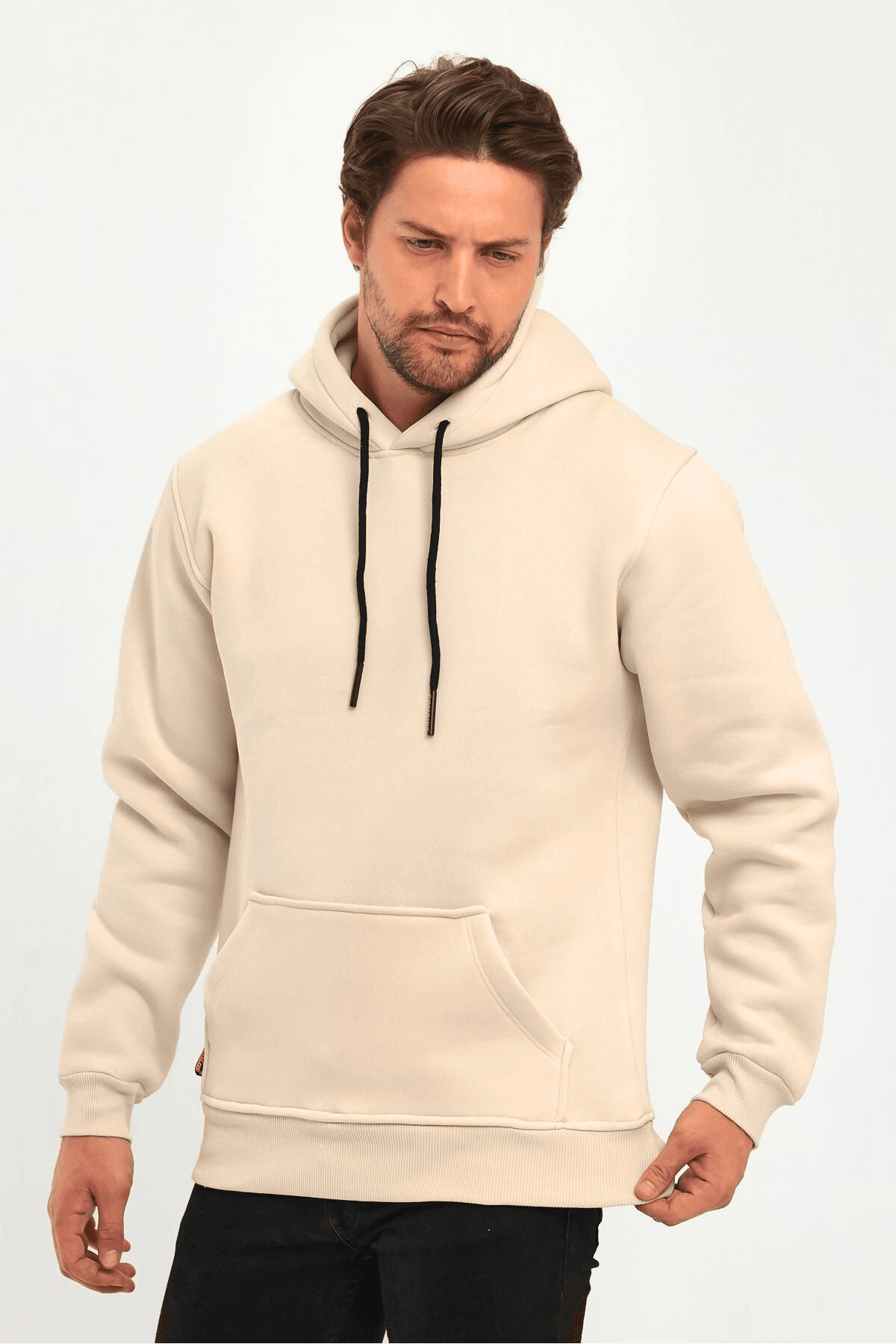 Erkek Vizon Kapşonlu Kanguru Cep Hoodie Sweatshirt image