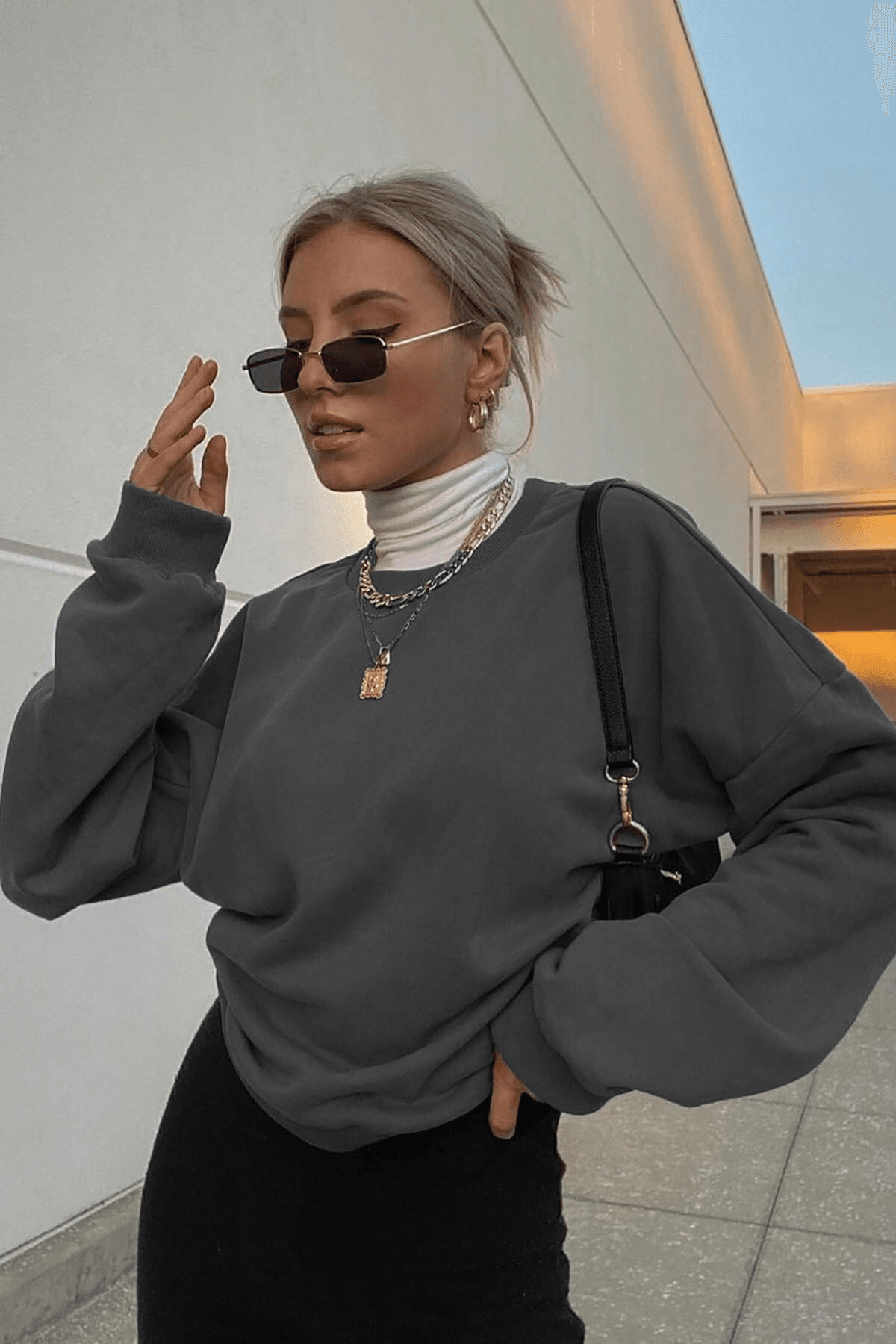 Kadın Füme Oversize Bisiklet Yaka İçi Şardonlu Sweatshirt