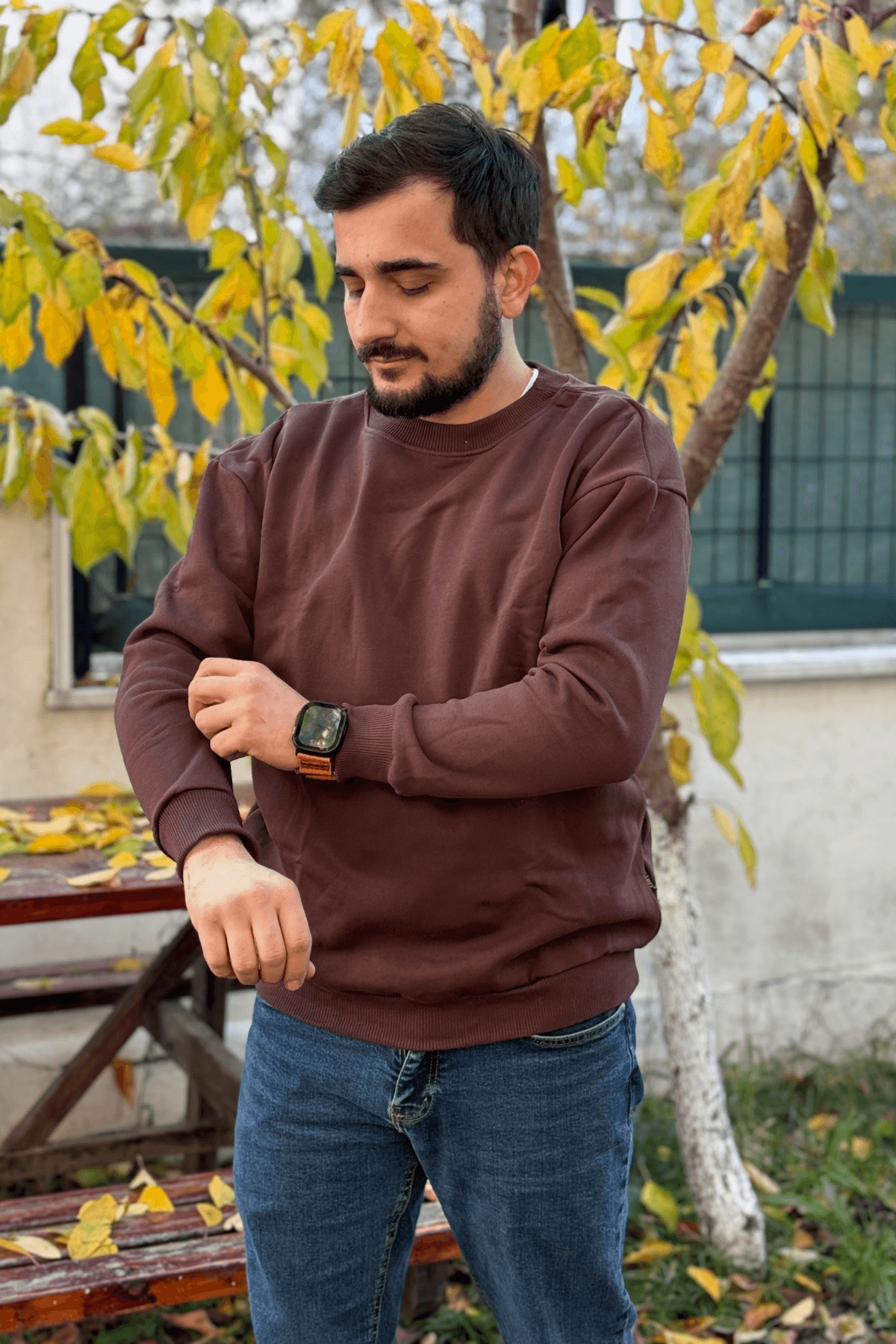 Erkek Kahverengi 3 İplik Oversize Bisiklet Yaka Sweatshirt image