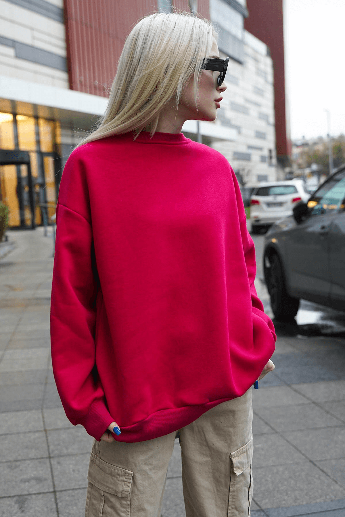 Kadın Kırmızı Oversize Bisiklet Yaka İçi Şardonlu Sweatshirt