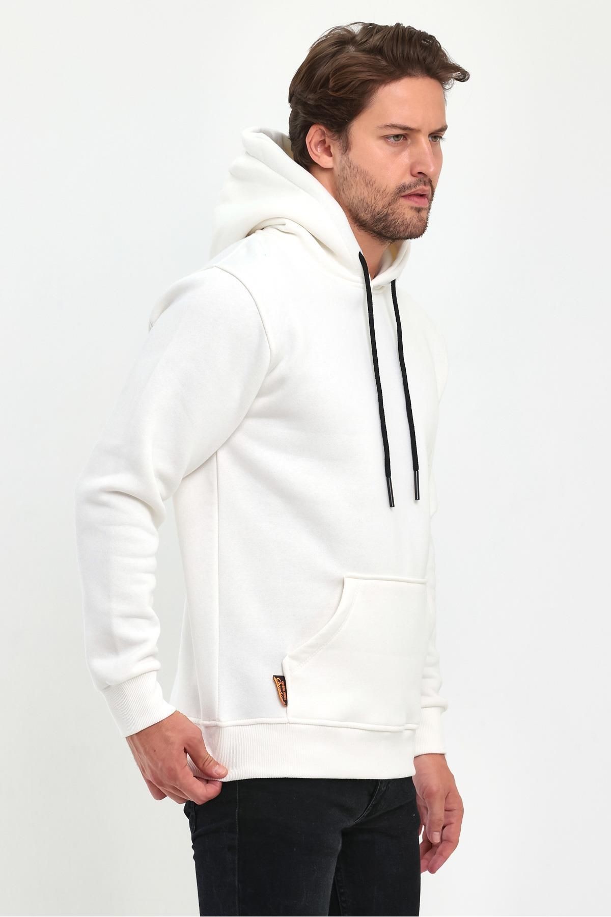 Erkek Beyaz Kapşonlu Kanguru Cep Hoodie Sweatshirt