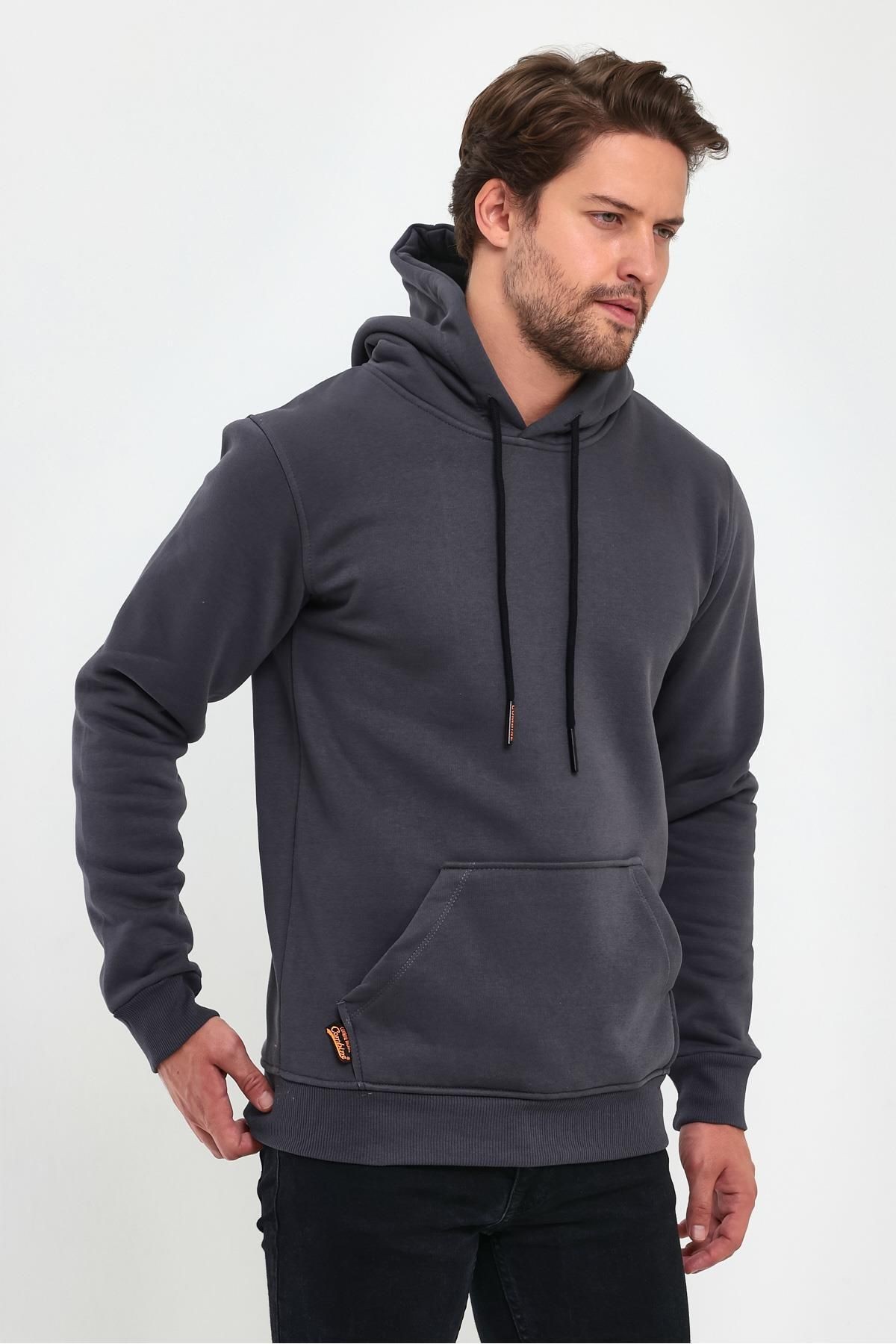 Erkek Füme Kapşonlu Kanguru Cep Hoodie Sweatshirt