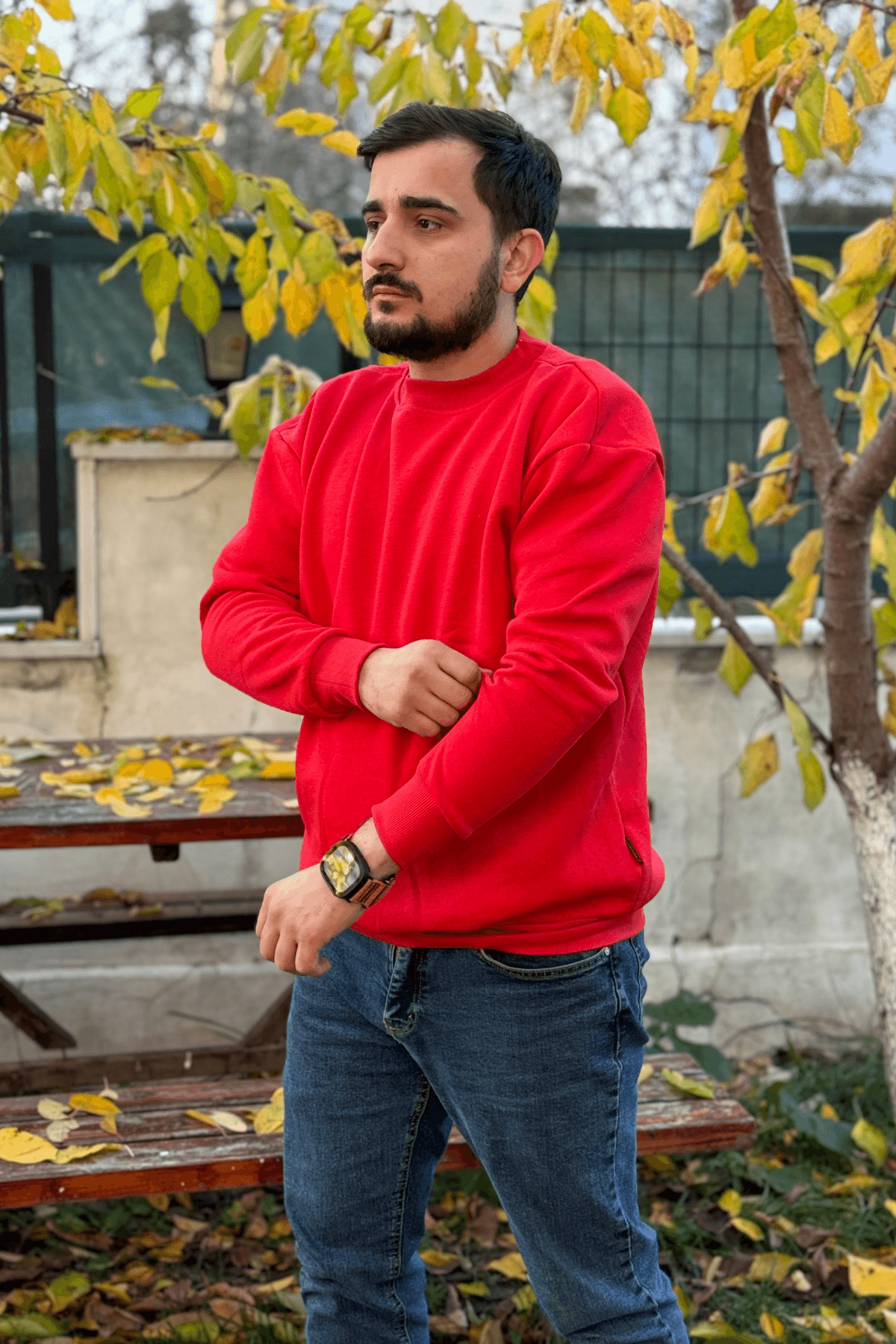 Erkek Kırmızı 3 İplik Oversize Bisiklet Yaka Sweatshirt