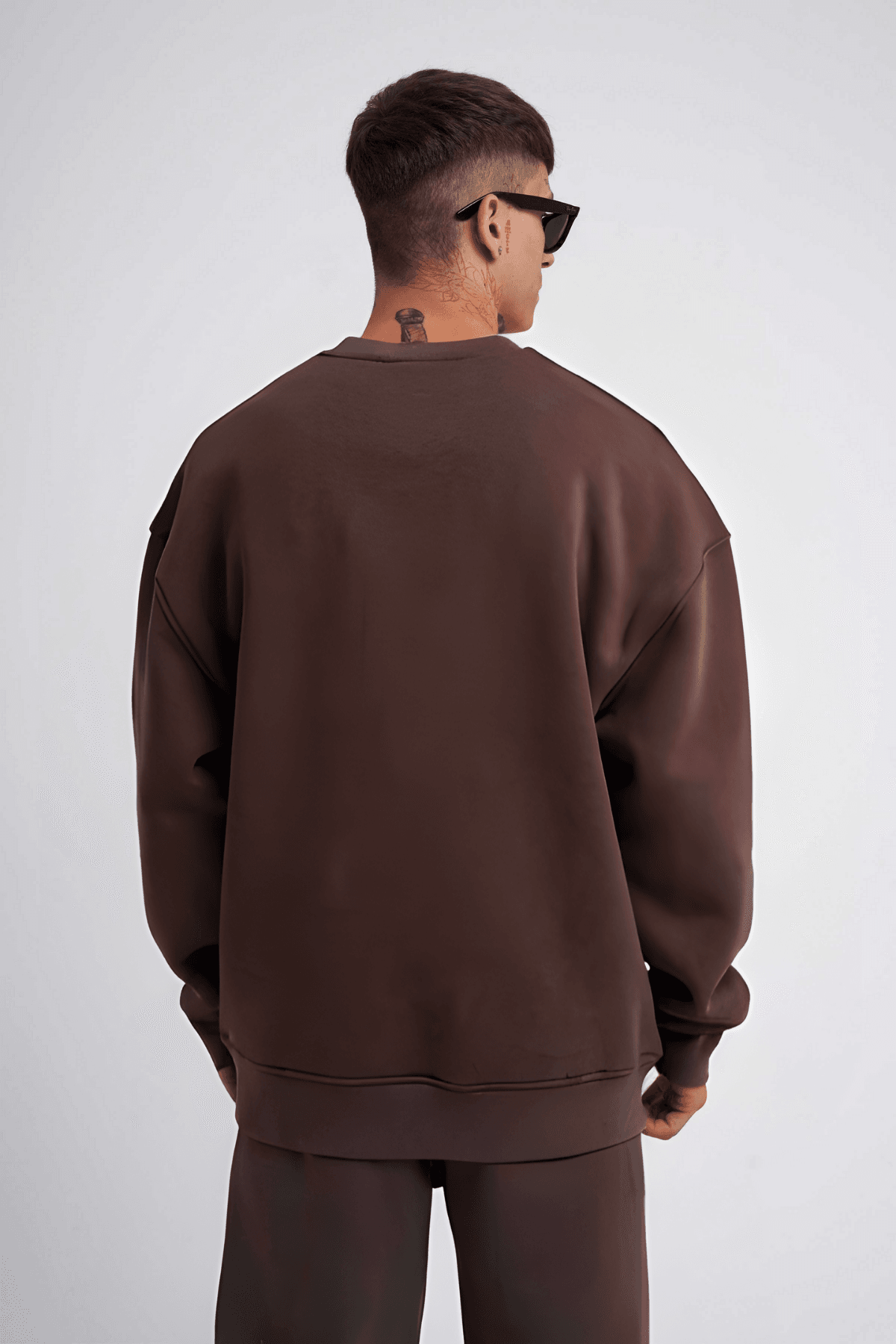 Erkek Kahverengi Oversize Bol Kesim Kalın Uzun Kollu Sweatshirt