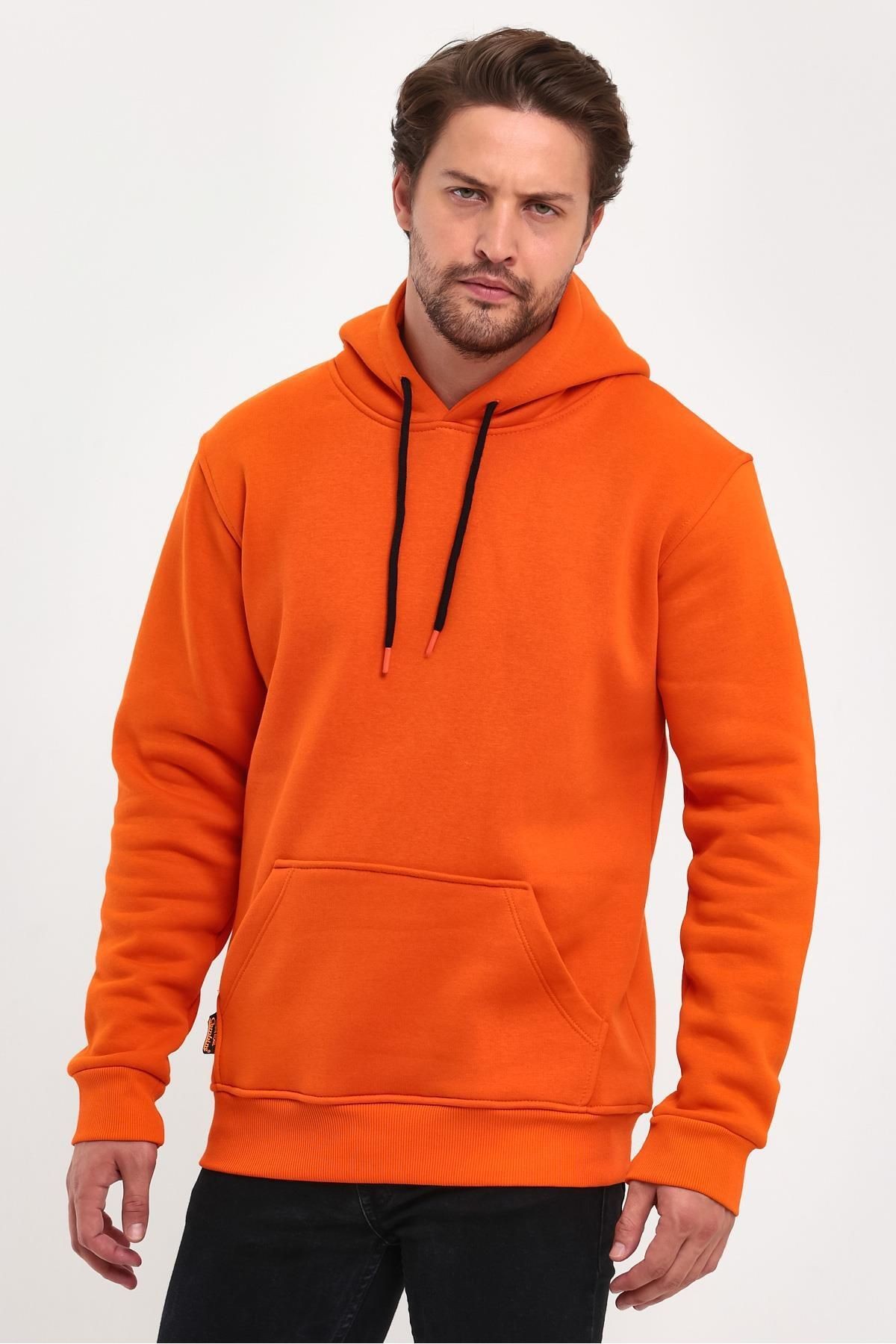 Erkek Turuncu Kapşonlu Kanguru Cep Hoodie Sweatshirt