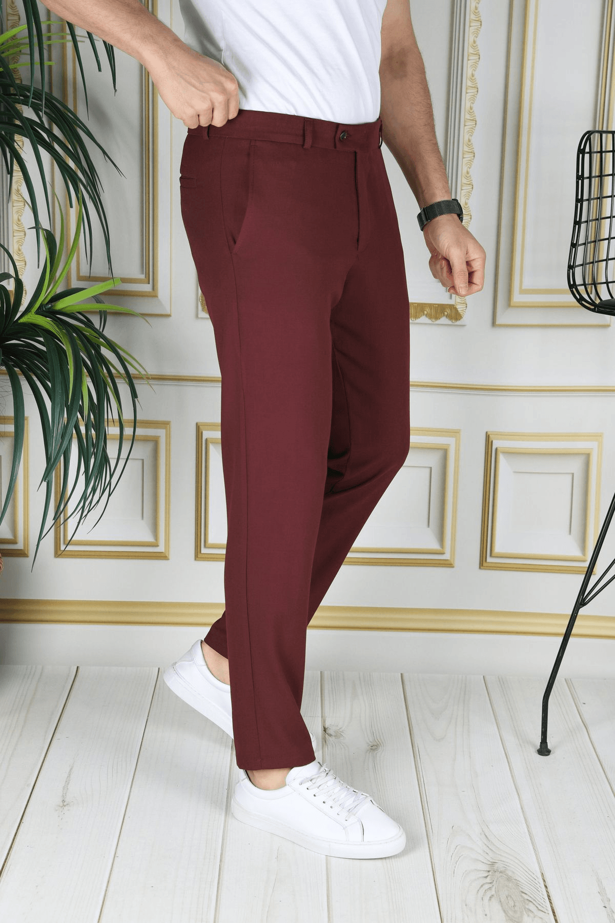 Slim-fit Riklalı dar kesim pantolon Kiremit