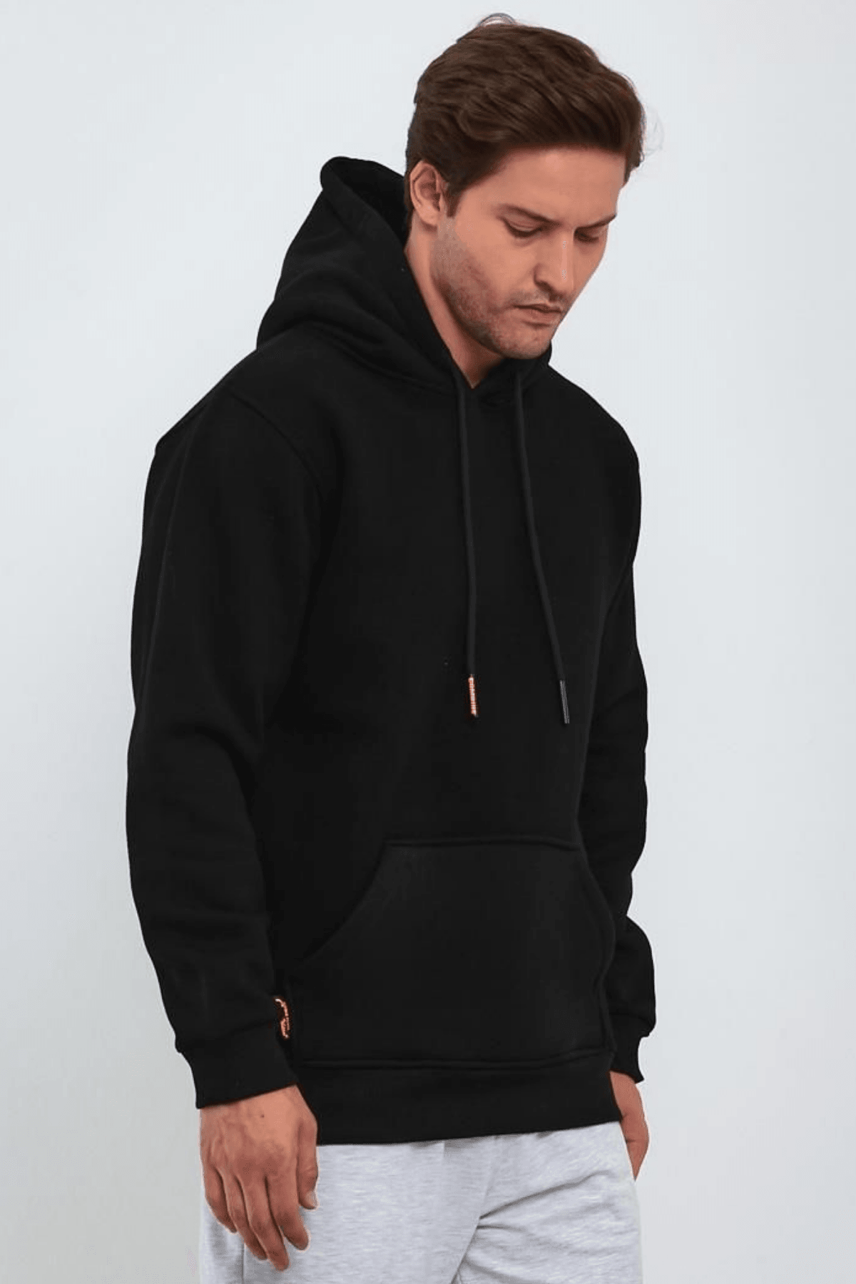 Erkek Siyah Kapşonlu Kanguru Cep Hoodie Sweatshirt