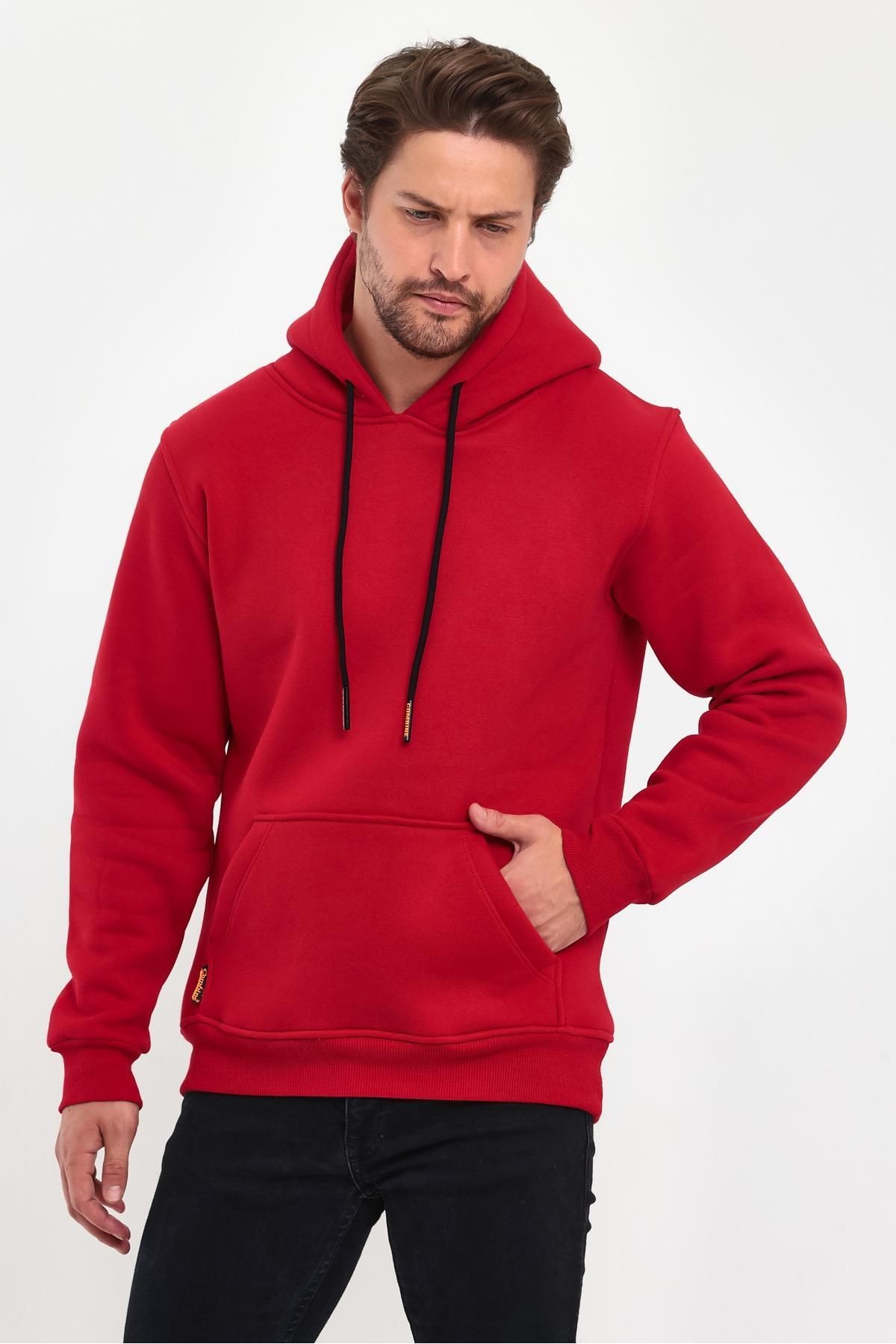 Erkek Kırmızı Kapşonlu Kanguru Cep Hoodie Sweatshirt