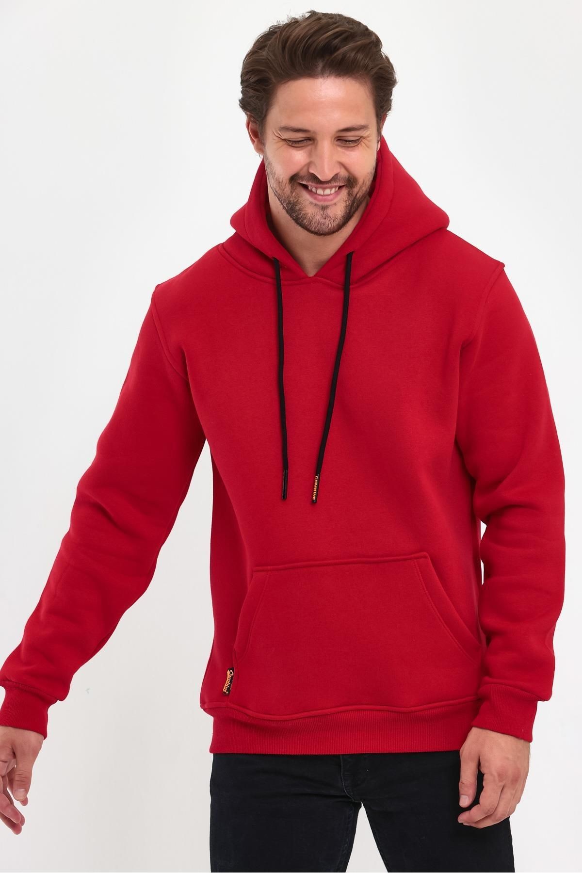 Erkek Kırmızı Kapşonlu Kanguru Cep Hoodie Sweatshirt