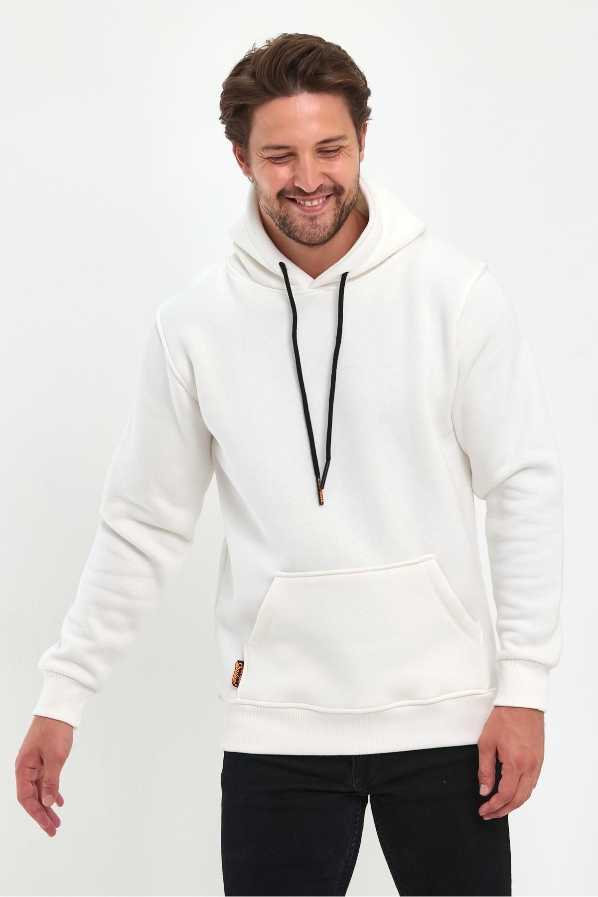 Erkek Beyaz Kapşonlu Kanguru Cep Hoodie Sweatshirt image