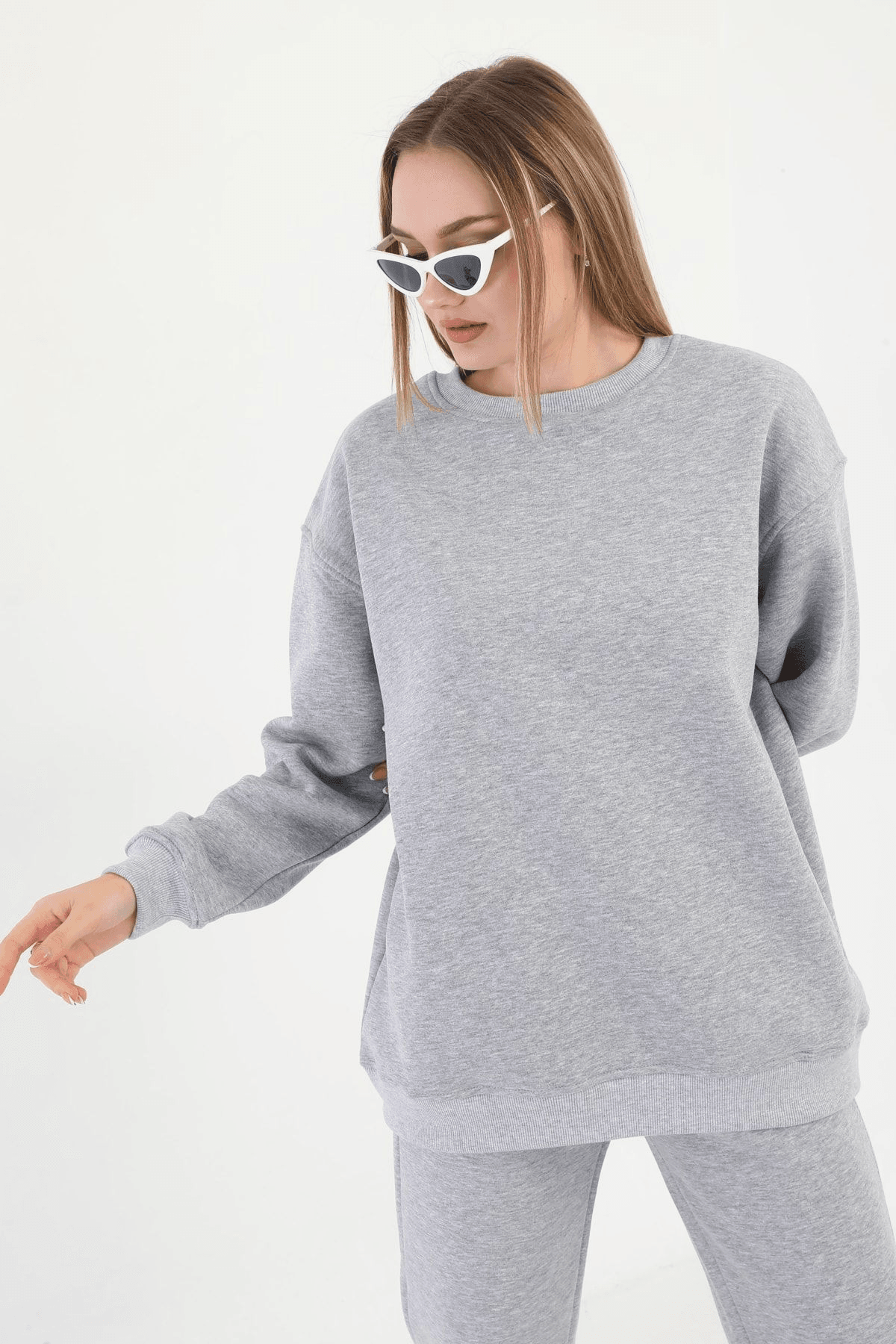 Kadın Gri Bisiklet Yaka Oversize Sweatshirt