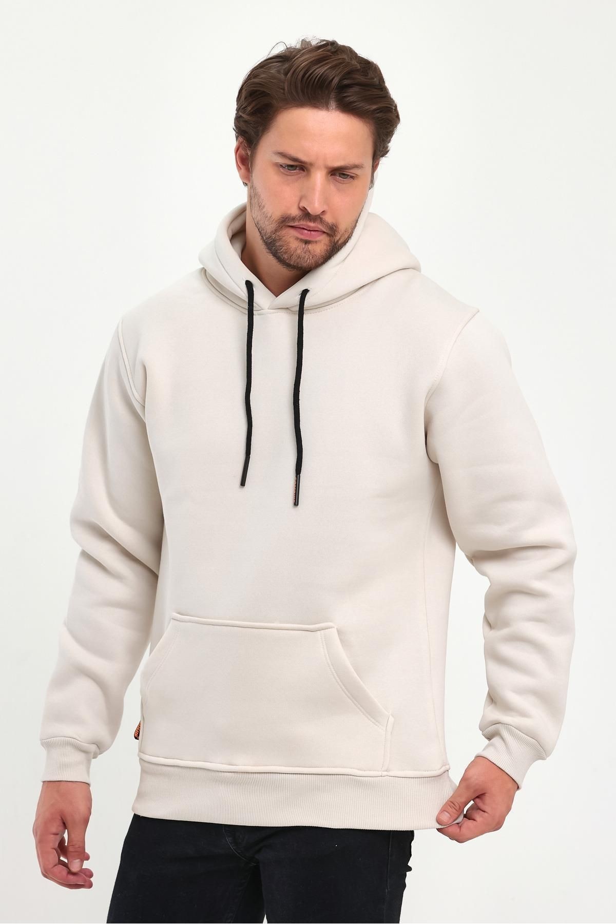 Erkek Bej Kapşonlu Kanguru Cep Hoodie Sweatshirt